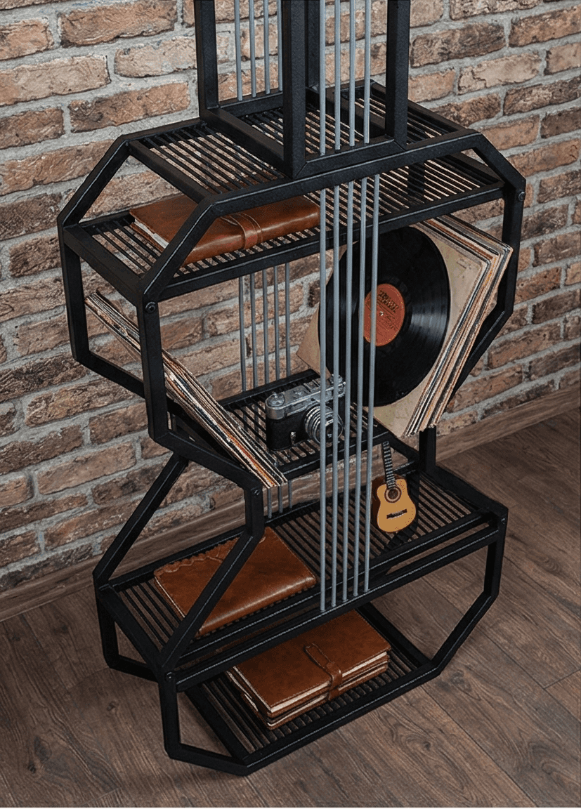 Metal Siyah Dekoratif Gitar Kitaplık Yaşam Ünitesi