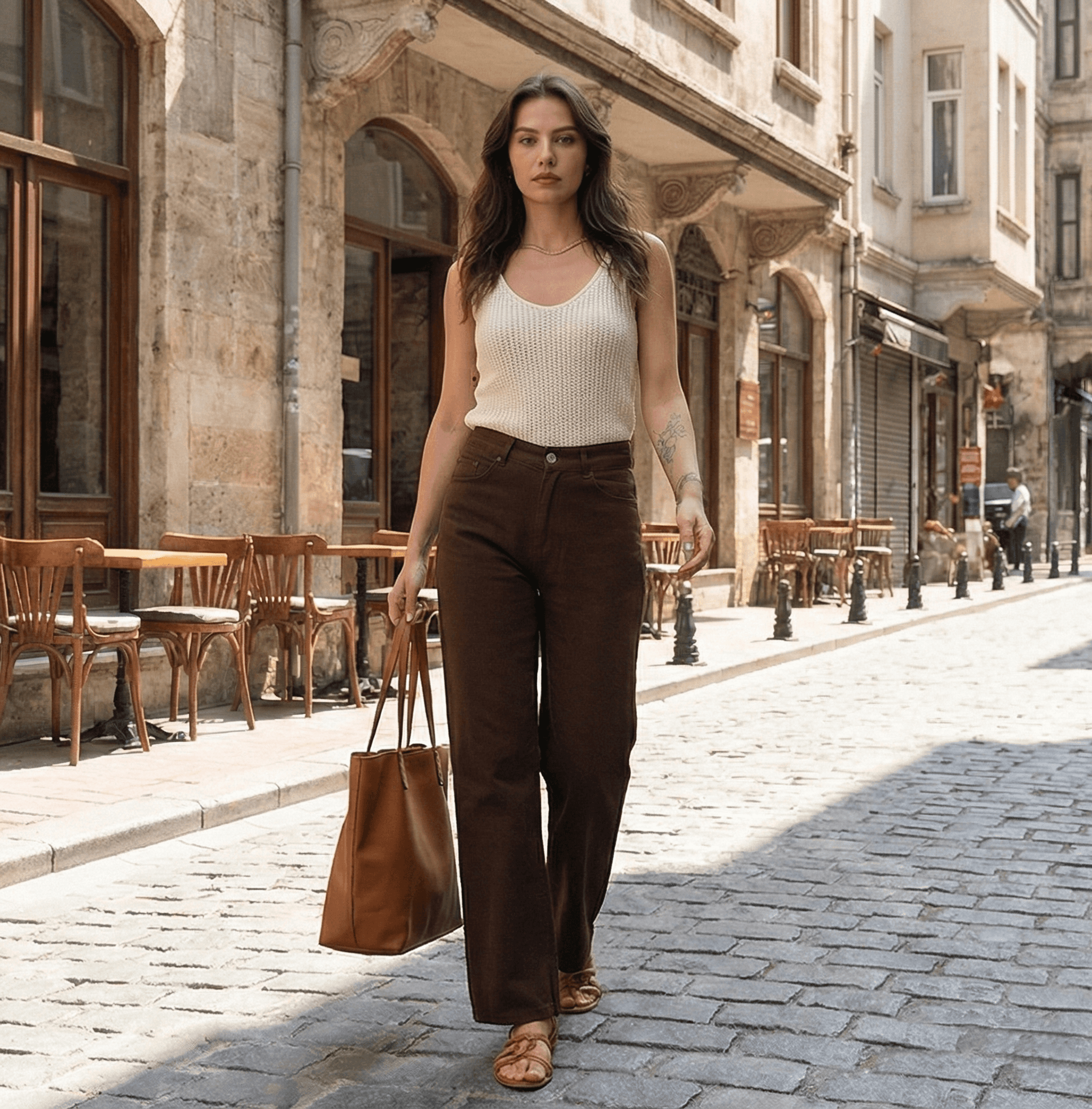 Yüksek Bel Keten Kahve Bol Paça Palazzo Pantolon