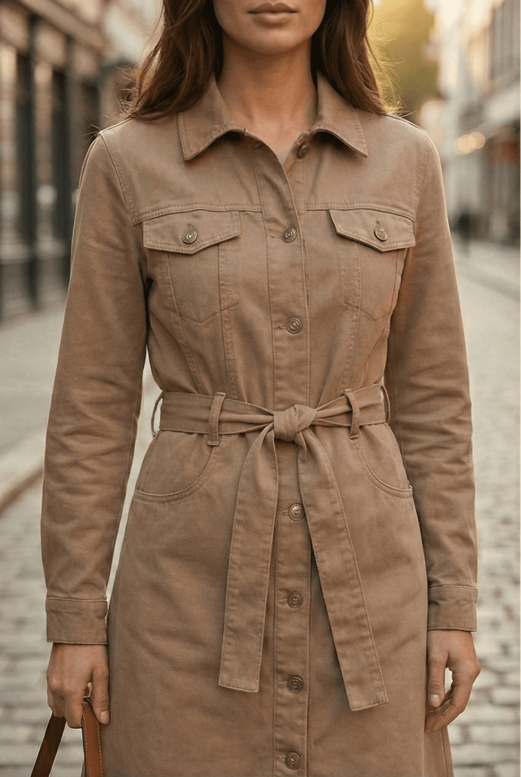 Vovikon Vizon Kuşaklı Uzun Düğmeli Denim Trençkot