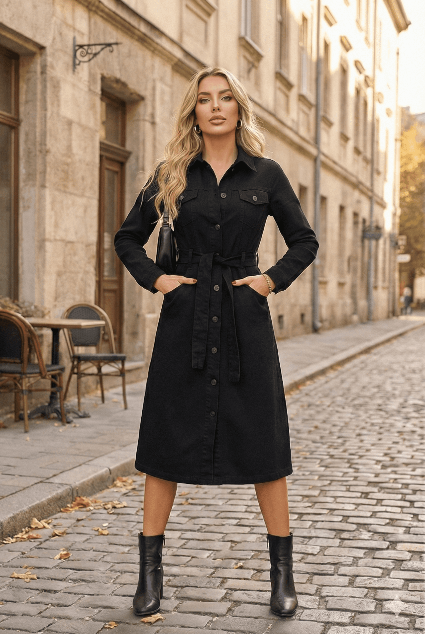 Vovikon Siyah Kuşaklı Uzun Düğmeli Denim Trençkot