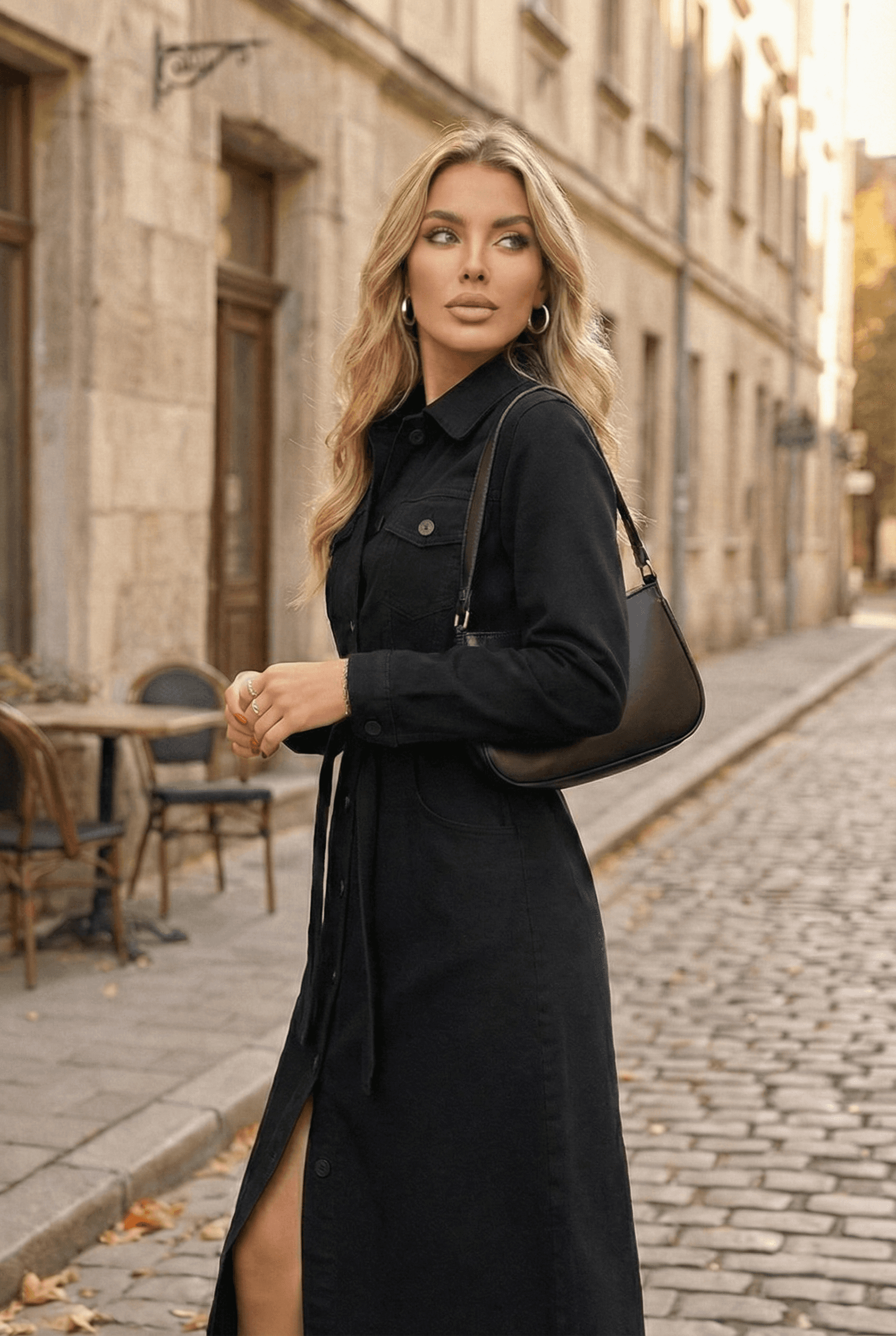 Vovikon Siyah Kuşaklı Uzun Düğmeli Denim Trençkot