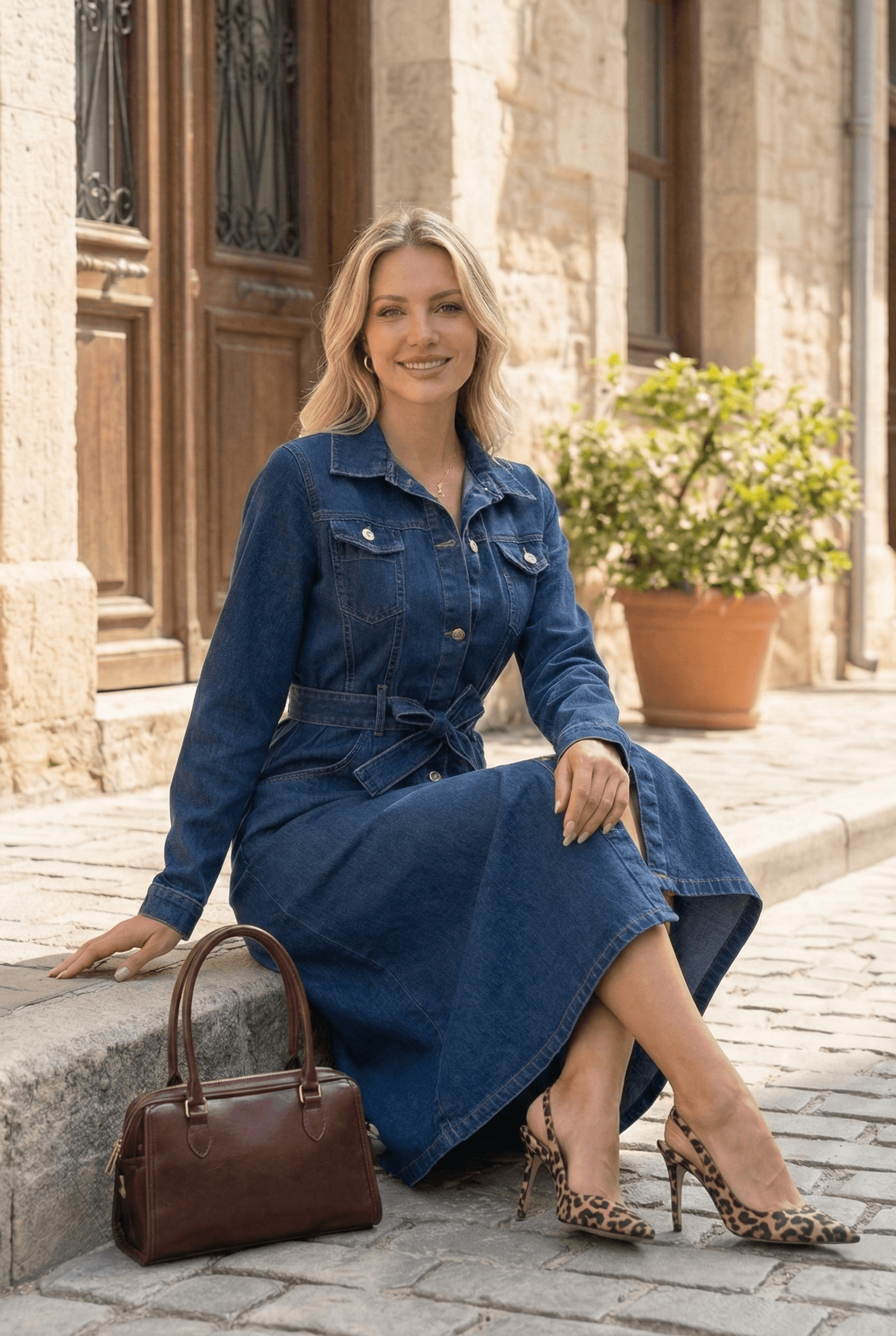 Vovikon Lacivert Kuşaklı Uzun Düğmeli Denim Trençkot