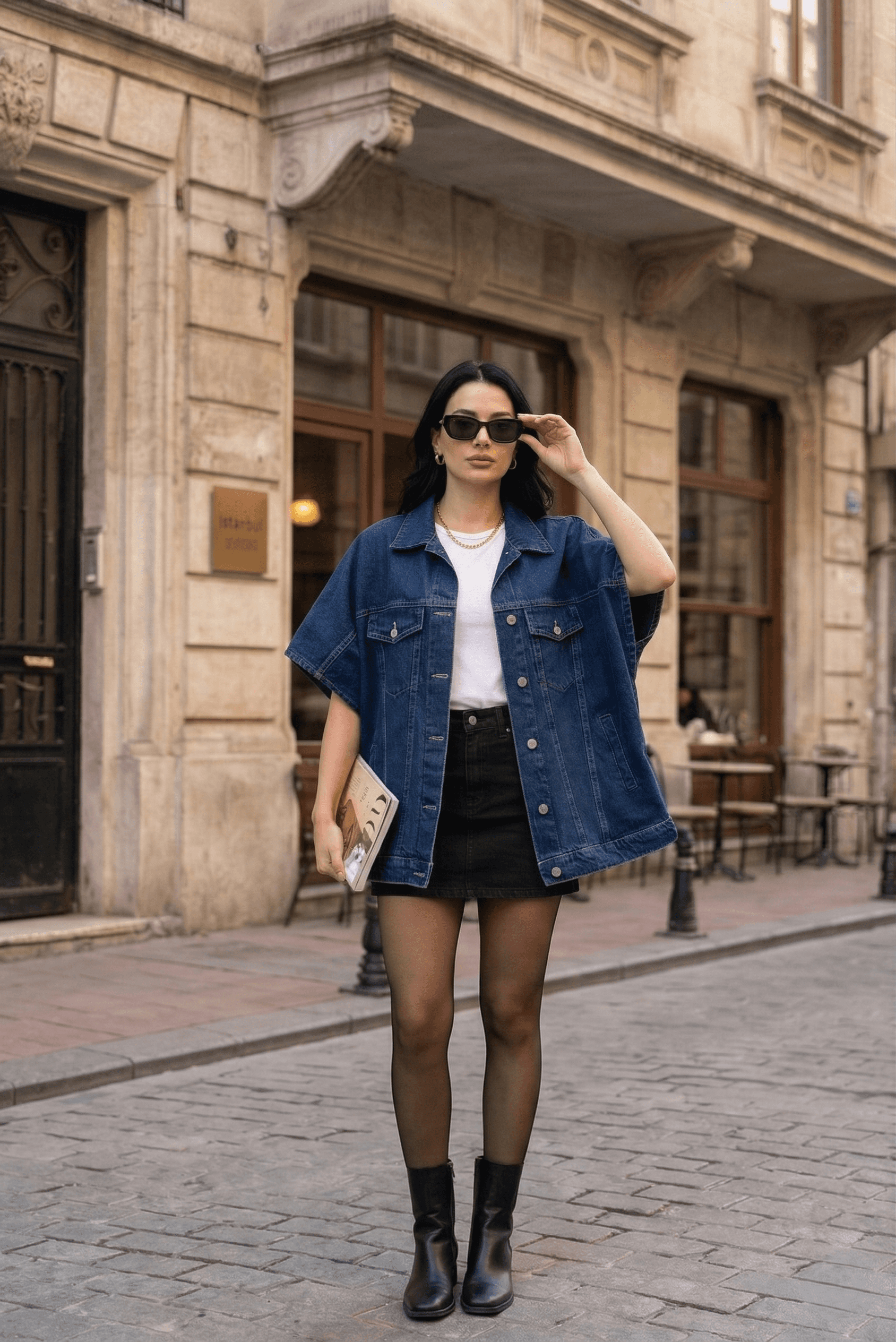 Vovikon Lacivert Yarasa Kol Panço Oversize Denim Yelek