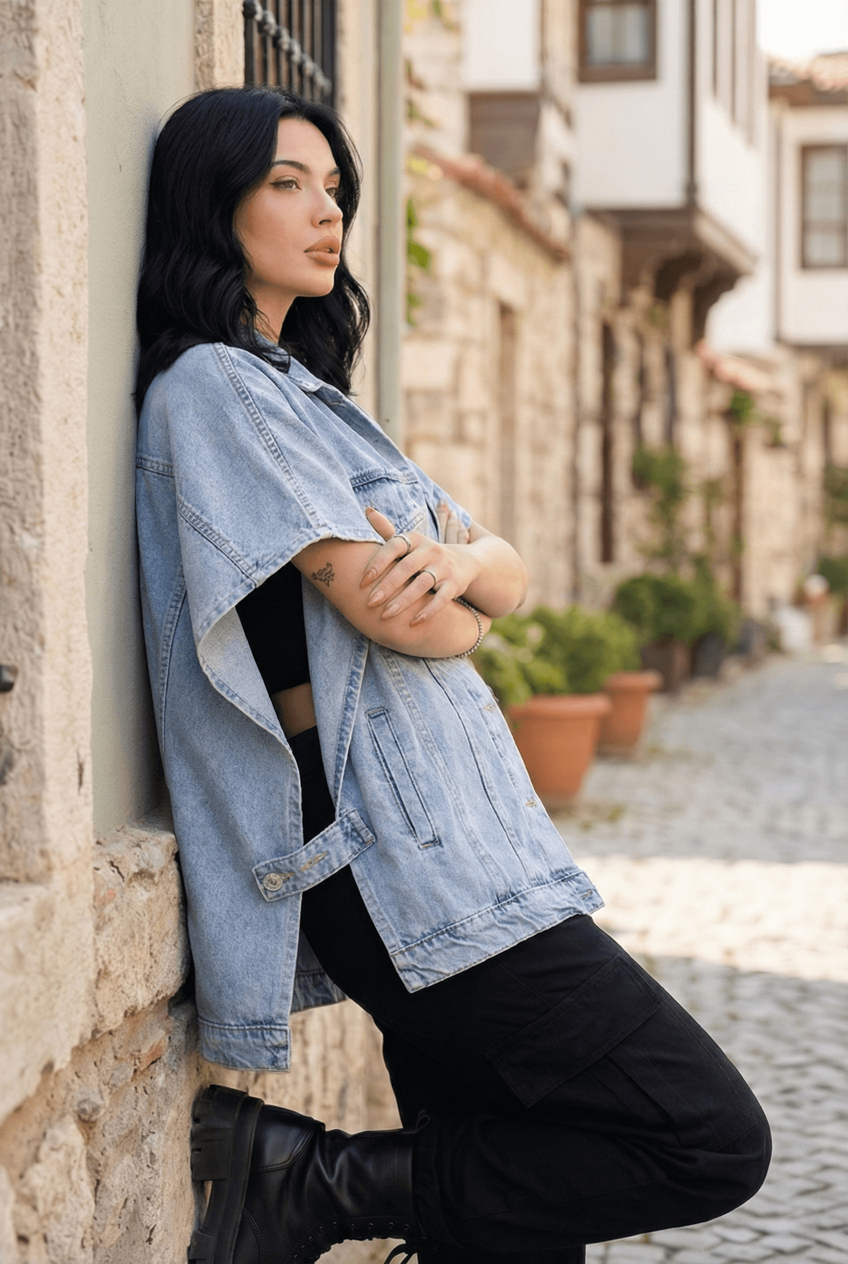 Vovikon Buz Kar Yarasa Kol Panço Oversize Denim Yelek