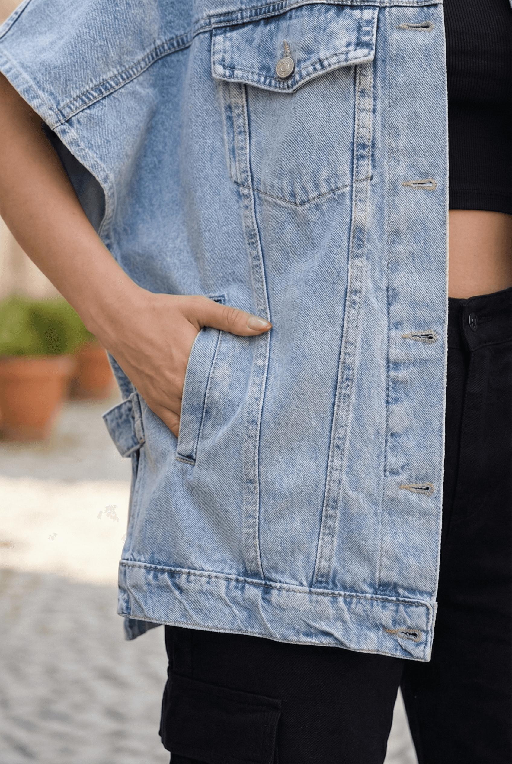 Vovikon Buz Kar Yarasa Kol Panço Oversize Denim Yelek