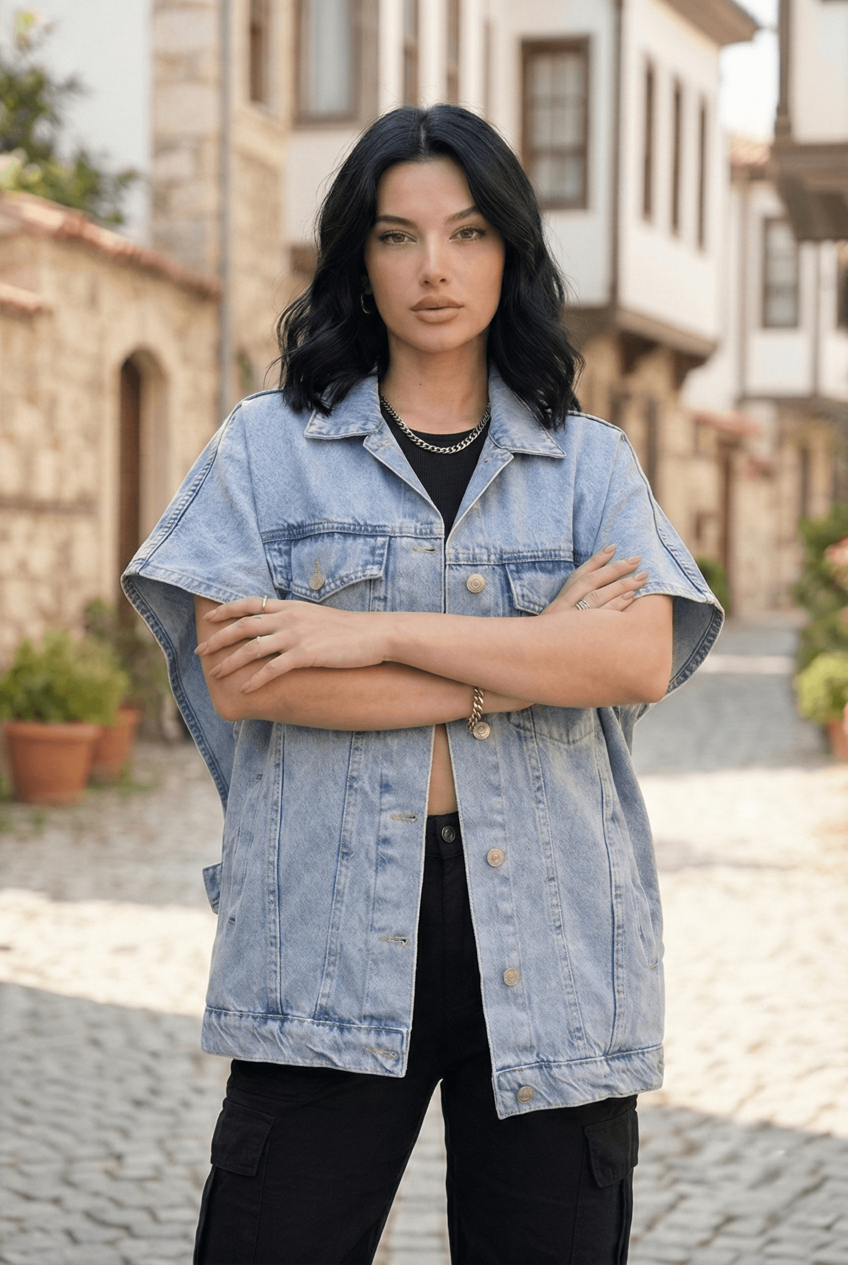 Vovikon Buz Kar Yarasa Kol Panço Oversize Denim Yelek