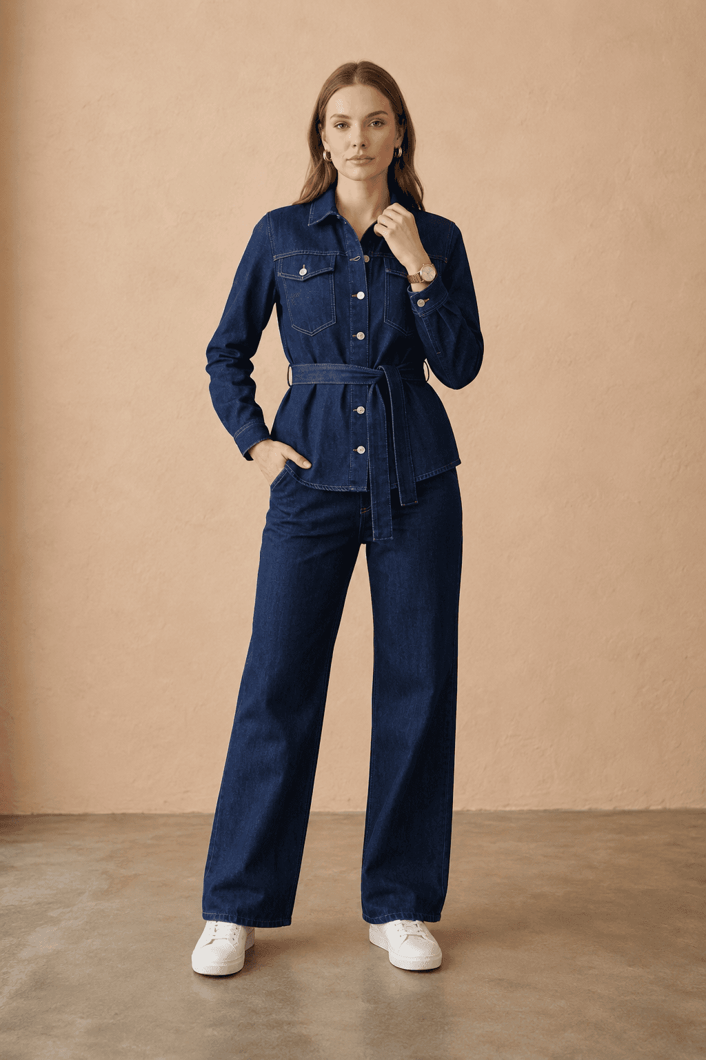 Vovikon Lacivert Kuşaklı Ceket Pantolon Denim Takım