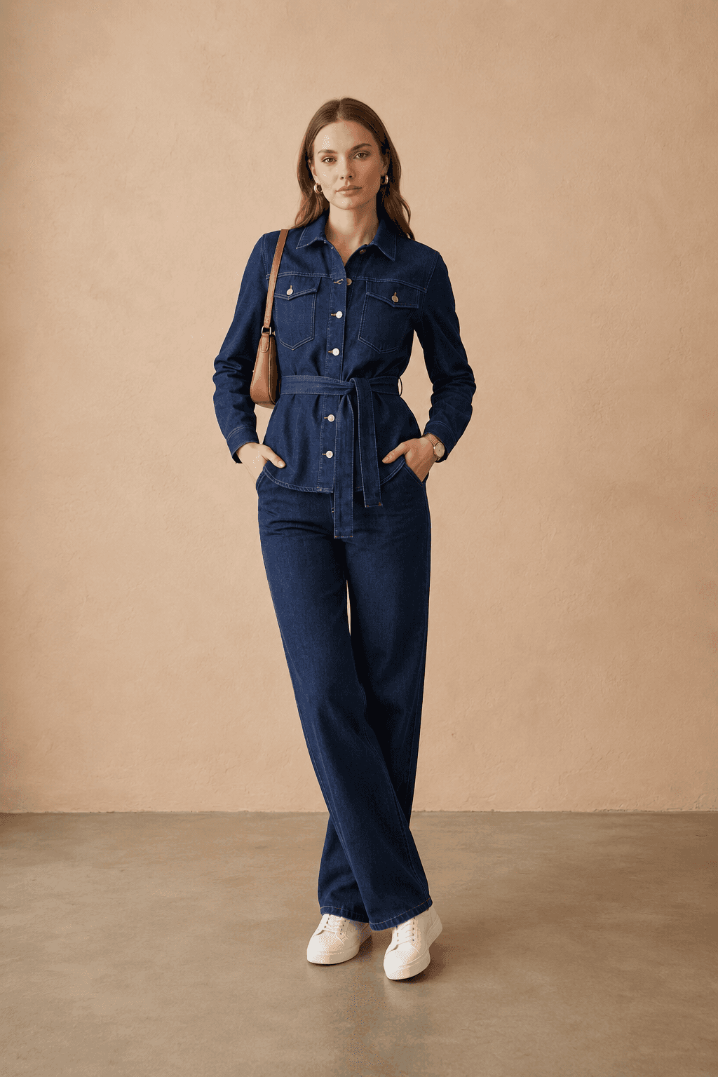 Vovikon Lacivert Kuşaklı Ceket Pantolon Denim Takım
