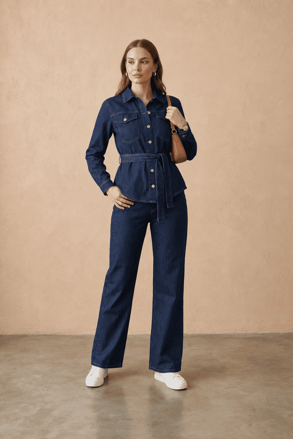 Vovikon Lacivert Kuşaklı Ceket Pantolon Denim Takım