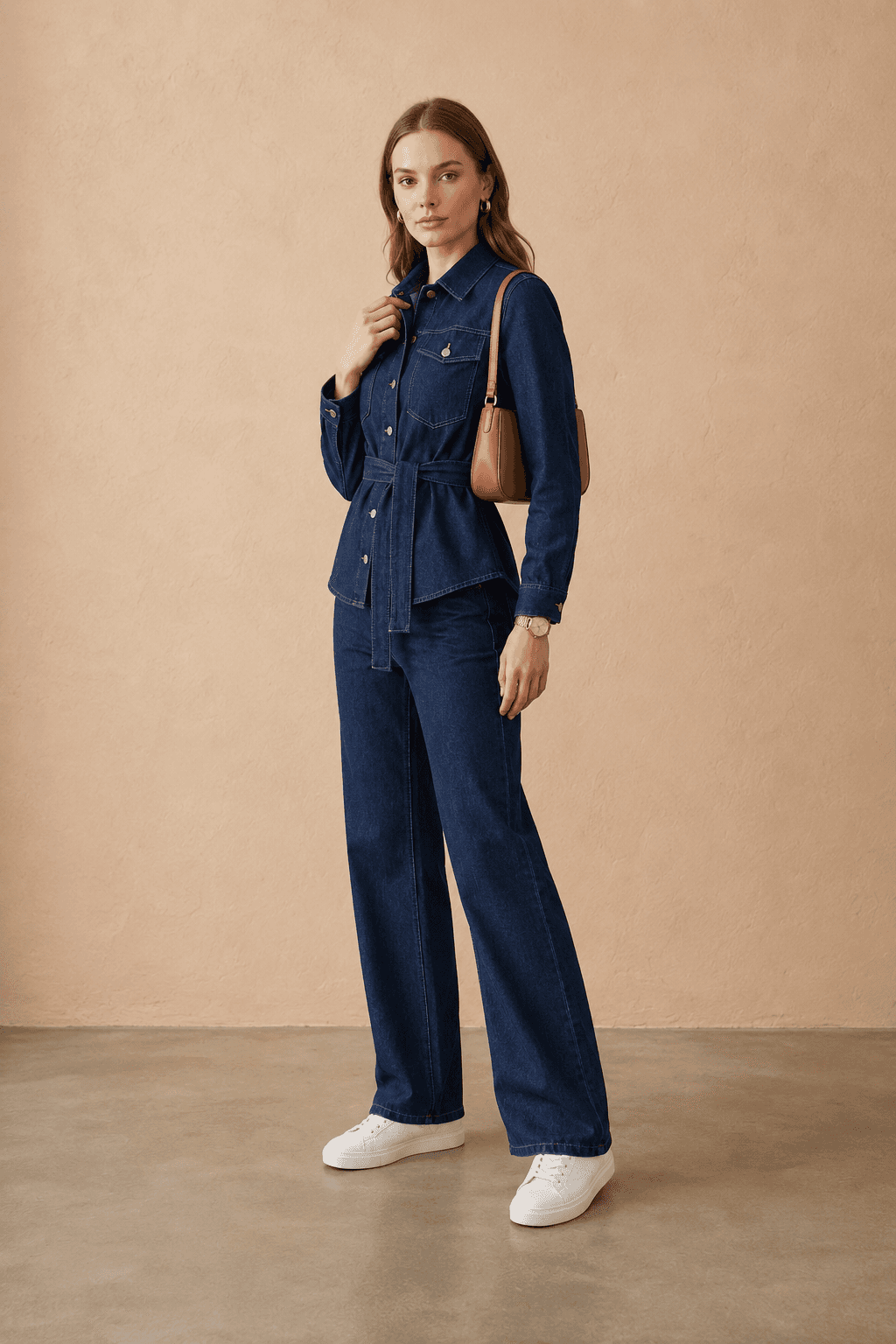 Vovikon Lacivert Kuşaklı Ceket Pantolon Denim Takım