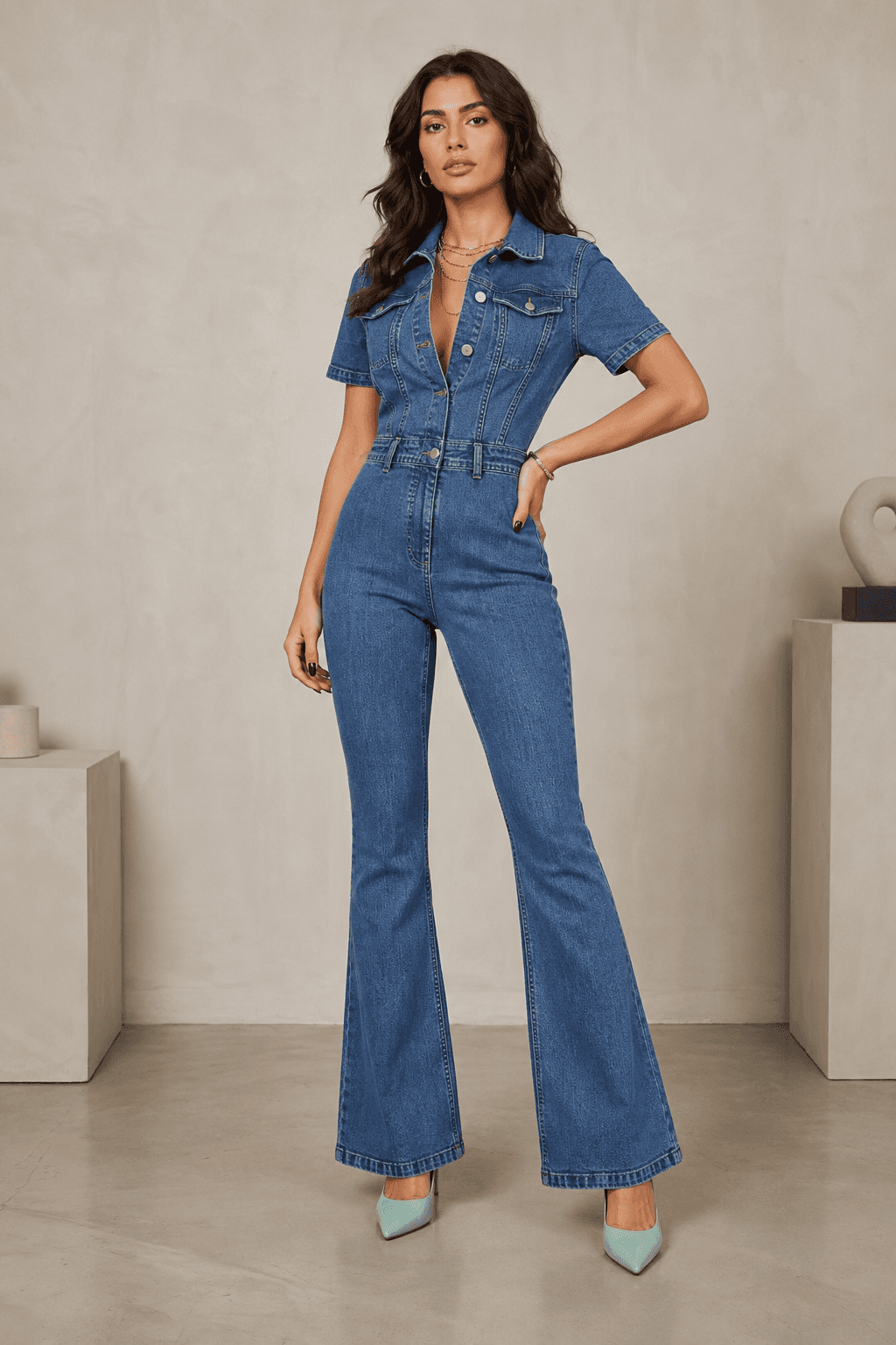 Vovikon Kısa Kollu Taş Yıkama İspanyol Paça Denim Tulum