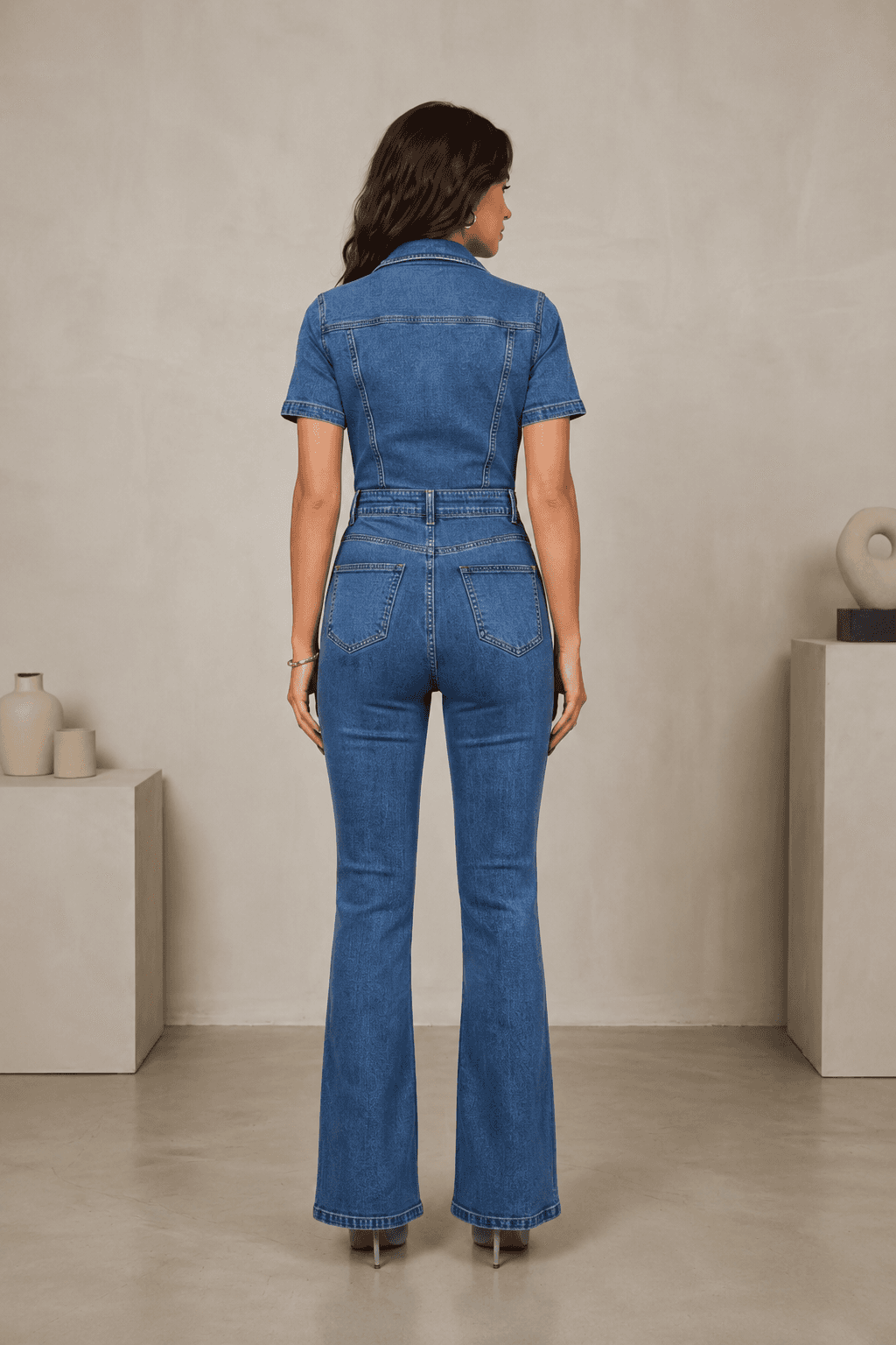Vovikon Kısa Kollu Taş Yıkama İspanyol Paça Denim Tulum