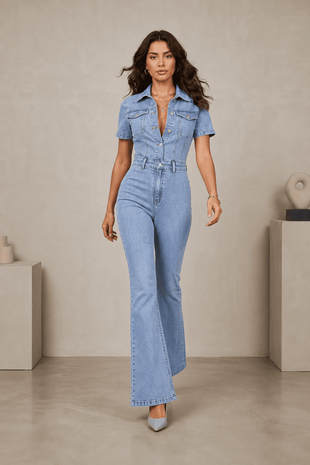 Vovikon Kısa Kollu Buz Kar İspanyol Paça Denim Tulum