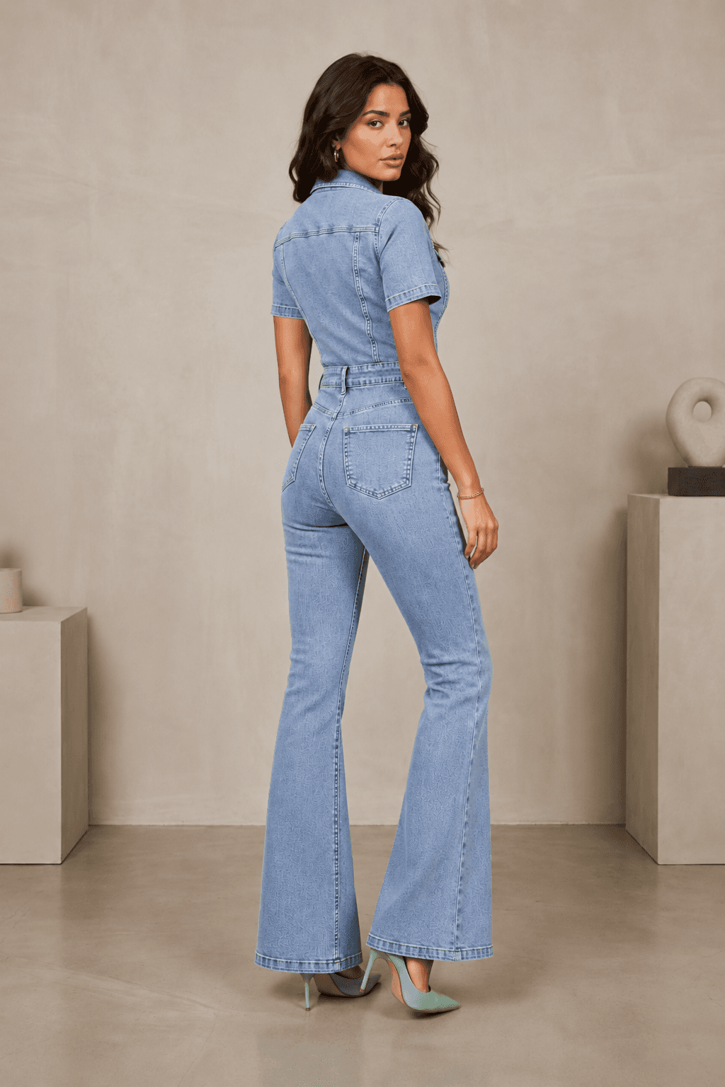 Vovikon Kısa Kollu Buz Kar İspanyol Paça Denim Tulum
