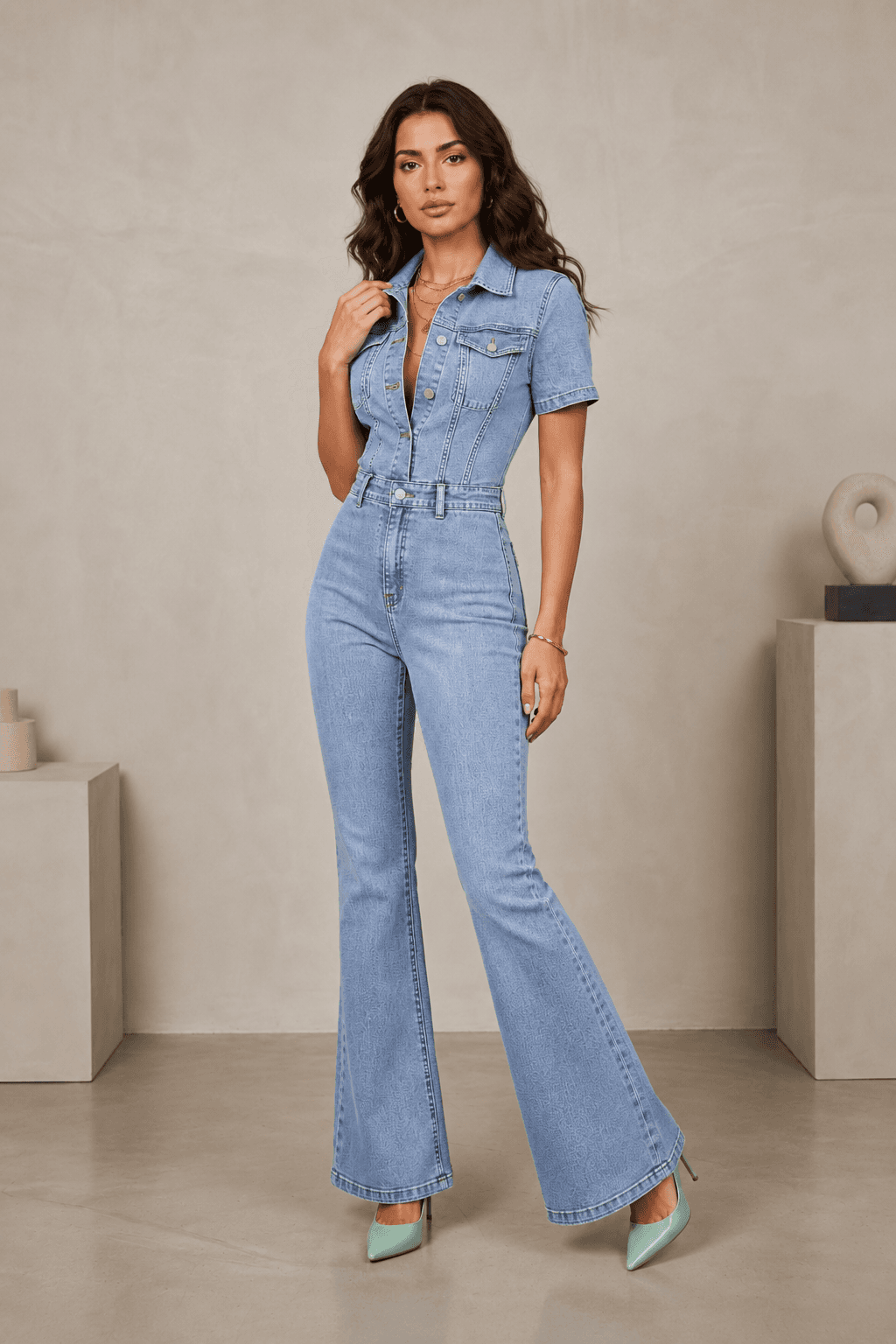 Vovikon Kısa Kollu Buz Kar İspanyol Paça Denim Tulum