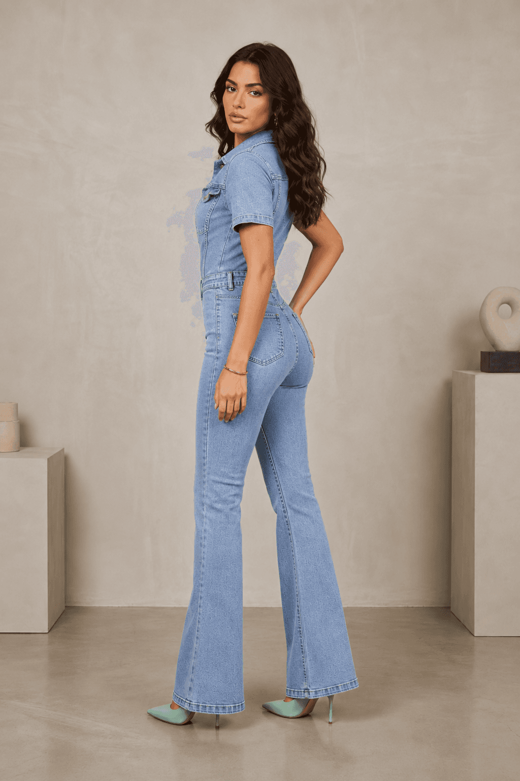 Vovikon Kısa Kollu Buz Kar İspanyol Paça Denim Tulum
