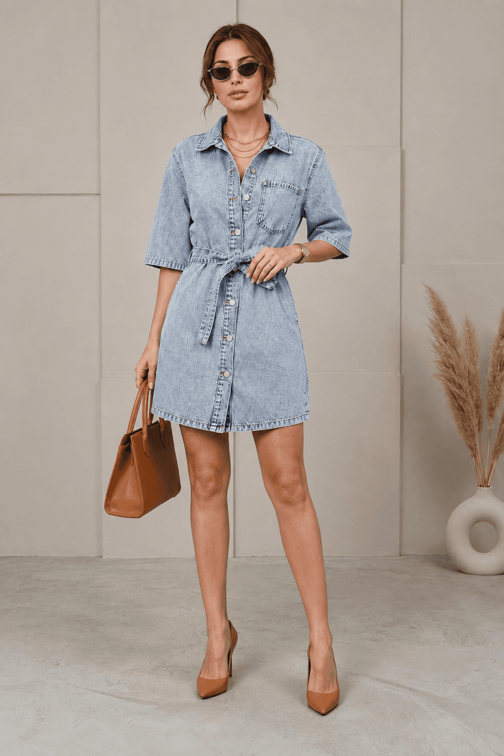 Vovikon Kuşaklı Taş Yıkama Tek Cep Denim Tunik Elbise