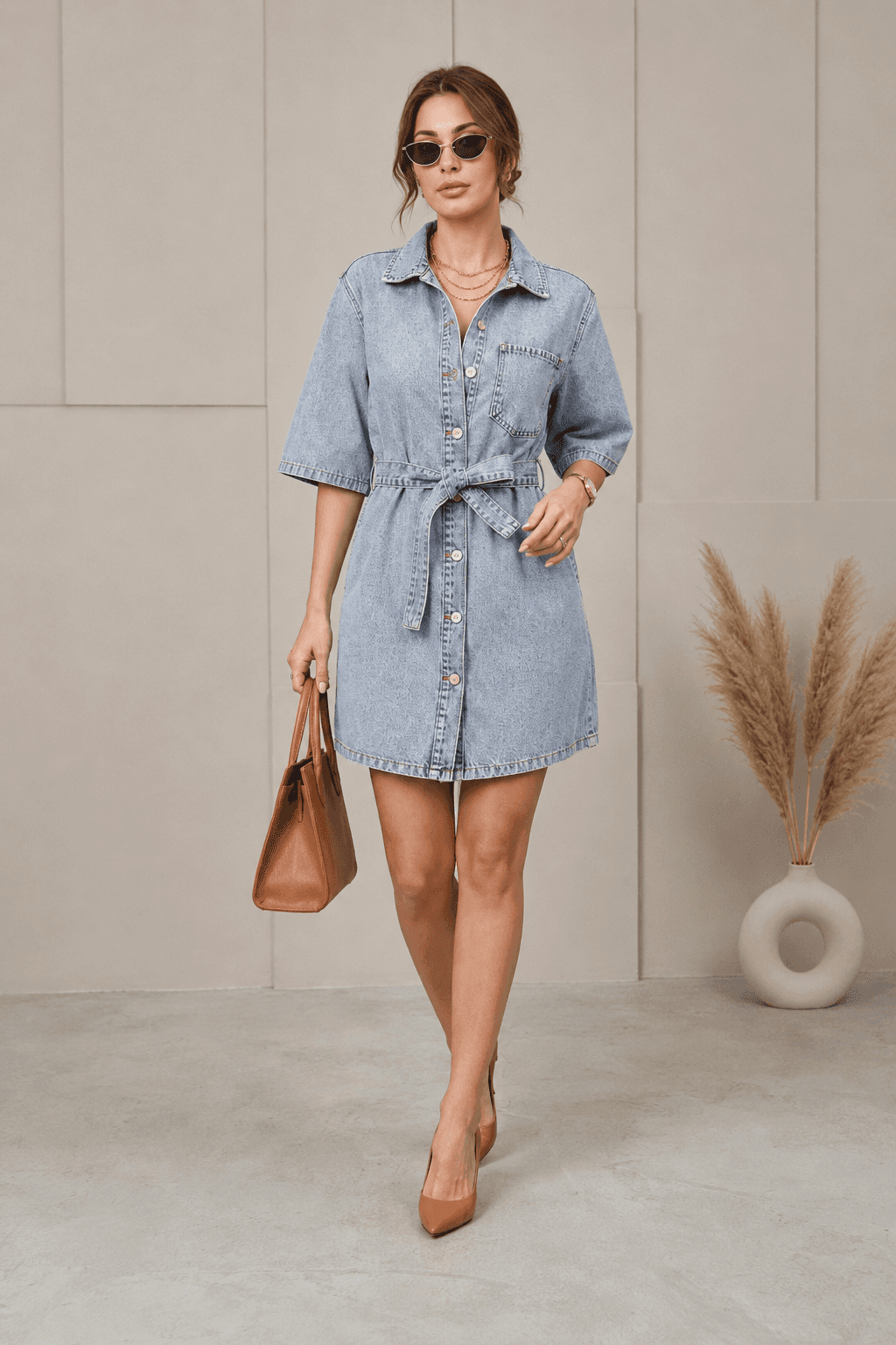 Vovikon Kuşaklı Taş Yıkama Tek Cep Denim Tunik Elbise