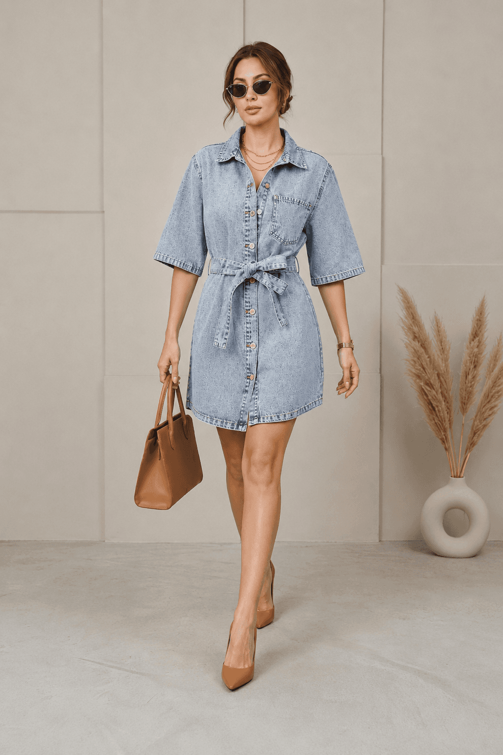 Vovikon Kuşaklı Taş Yıkama Tek Cep Denim Tunik Elbise