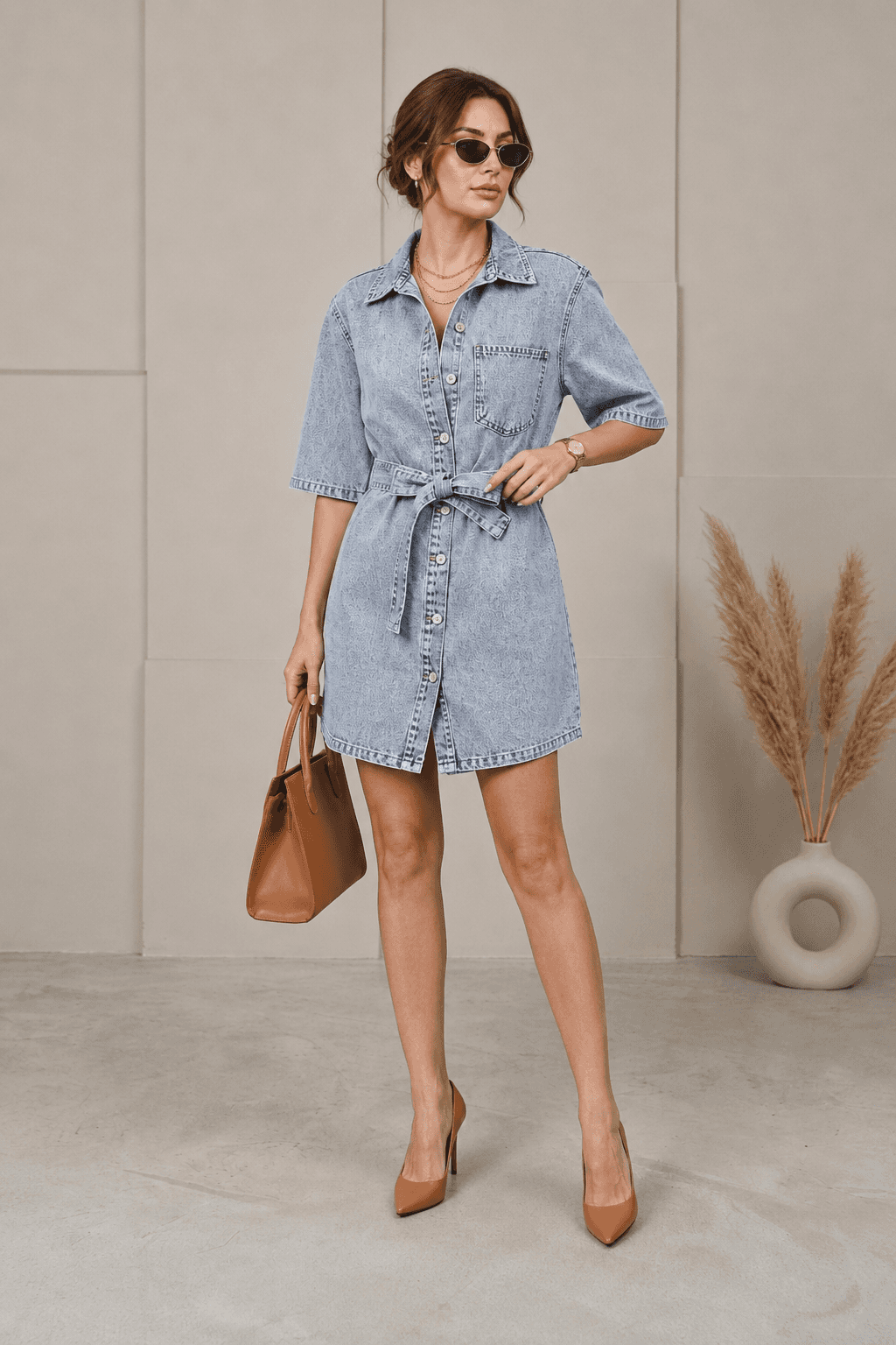Vovikon Kuşaklı Taş Yıkama Tek Cep Denim Tunik Elbise