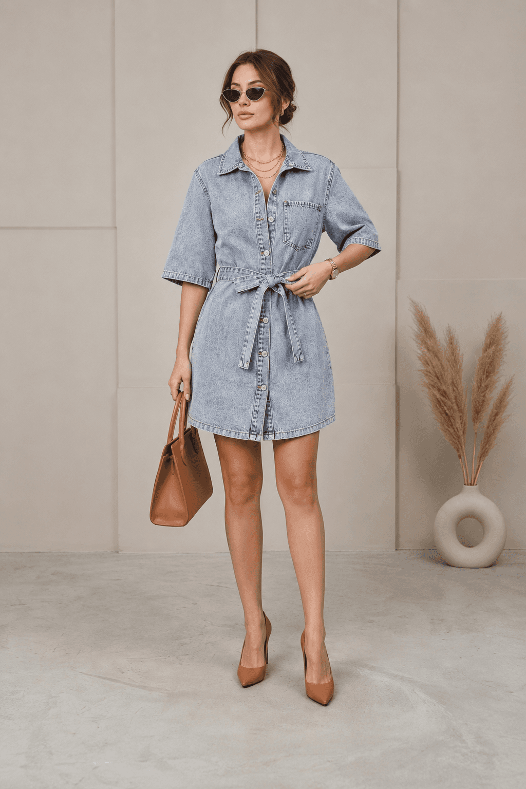 Vovikon Kuşaklı Taş Yıkama Tek Cep Denim Tunik Elbise