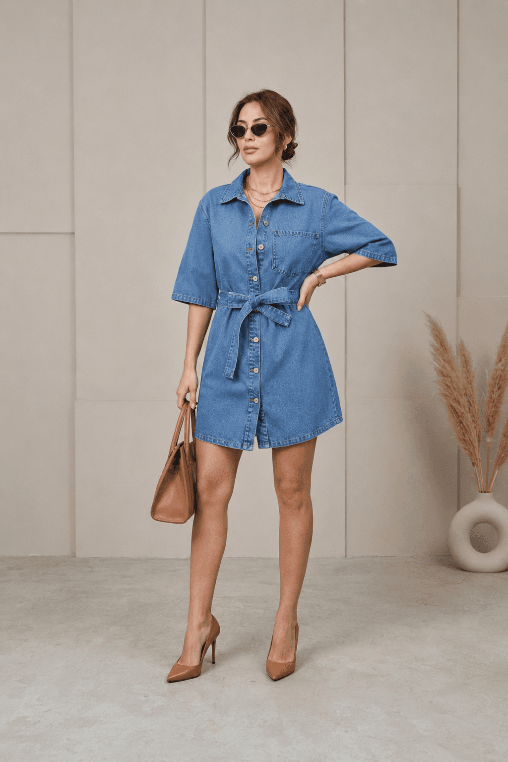 Vovikon Kuşaklı Mavi Tek Cep Denim Tunik Elbise