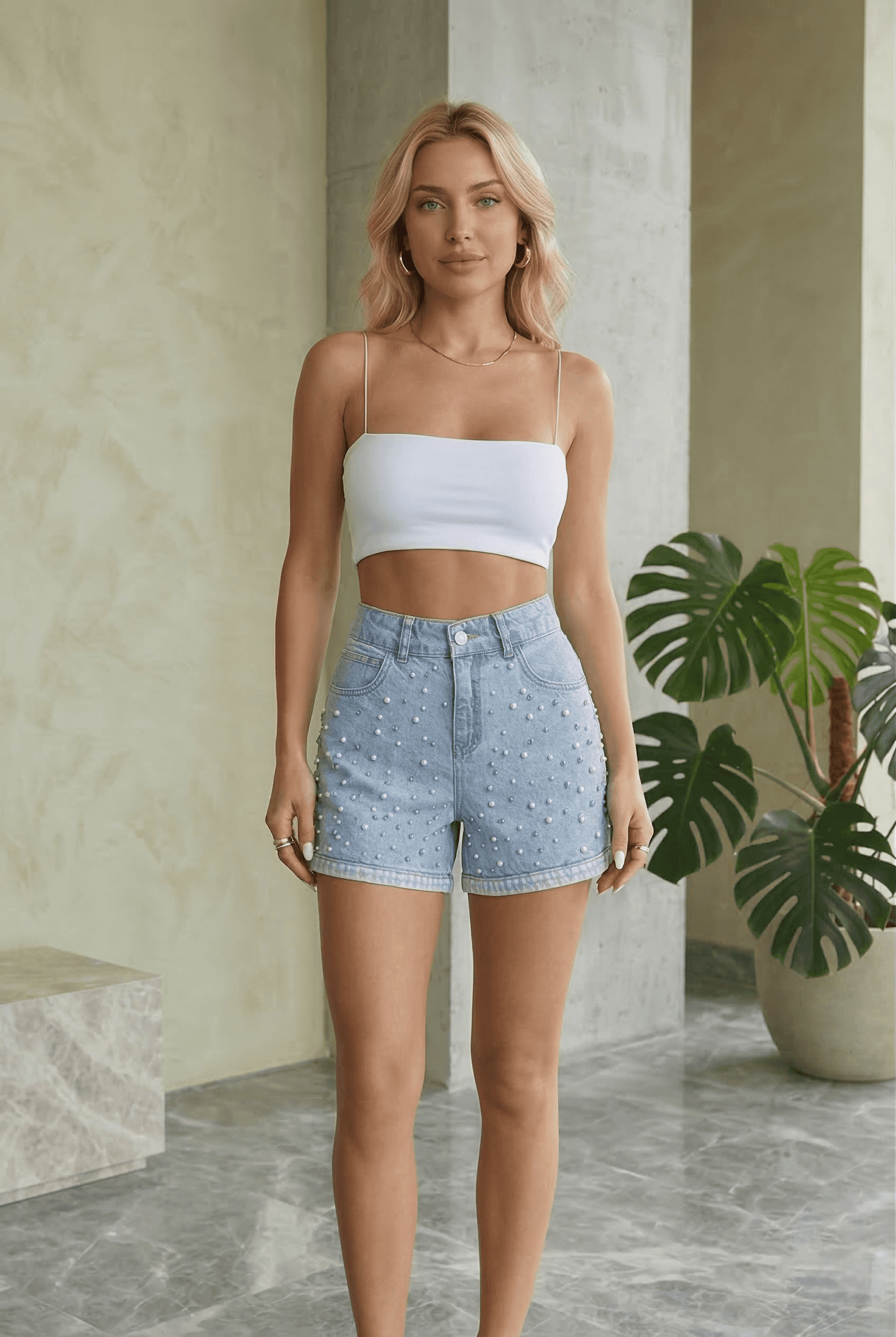 Buz Kar İncili Yan Yırtmaçlı Denim Şort