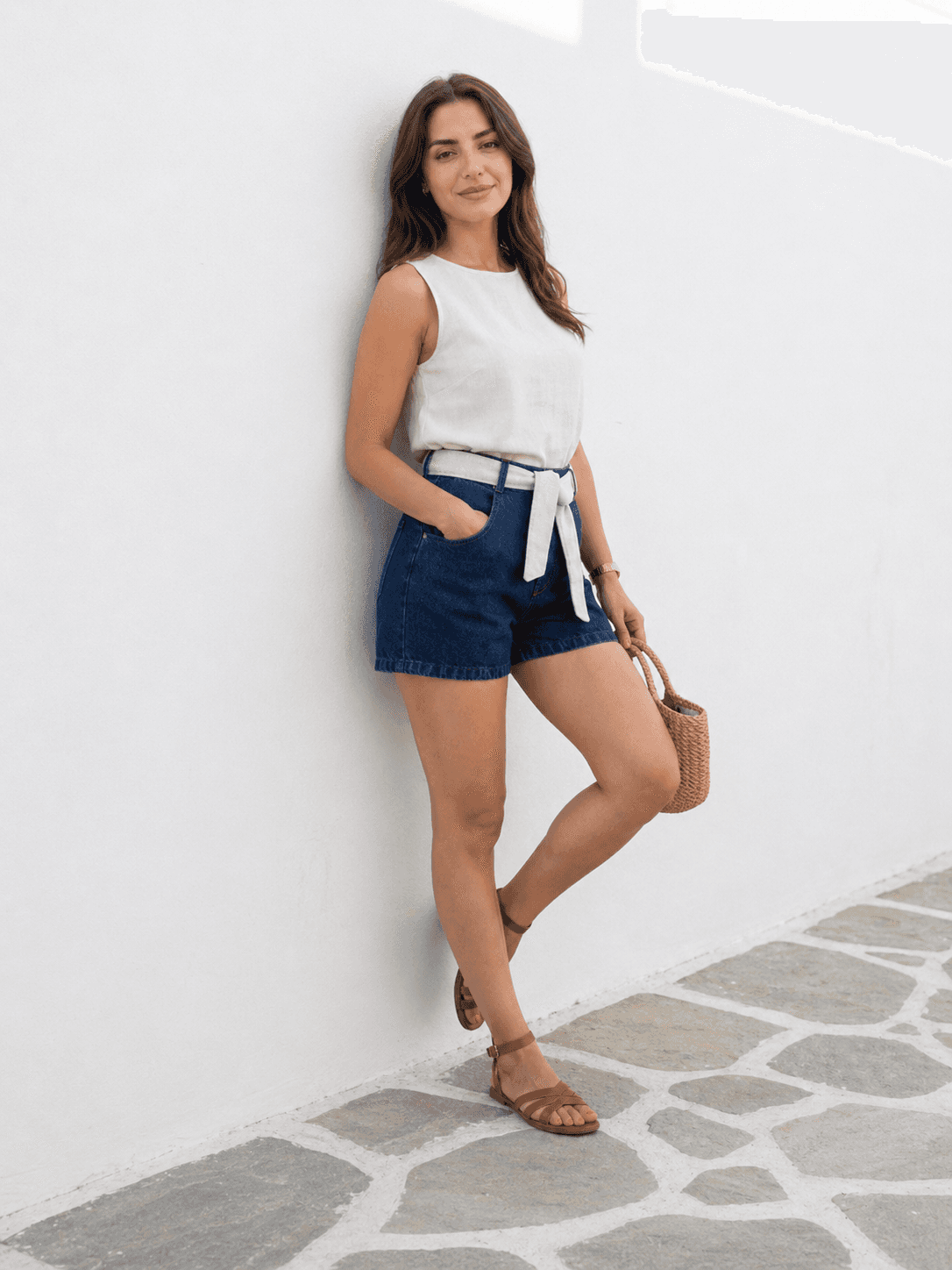 Lacivert Kemer Kuşaklı Mini Denim Şort