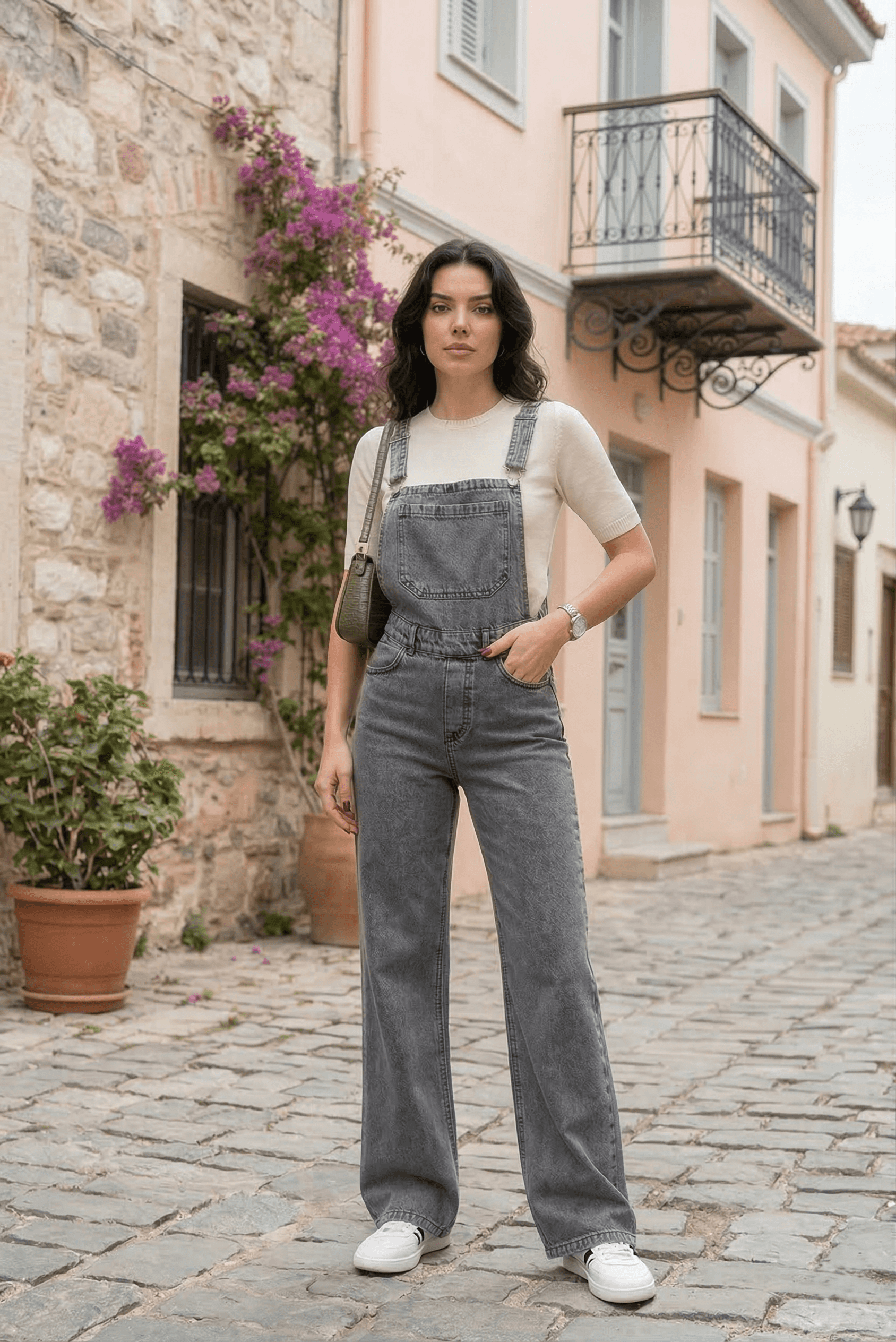 Vovikon KN Bahçıvan Kar Siyah Ön Cepli Askılı Bol Paça Kadın Denim Tulum