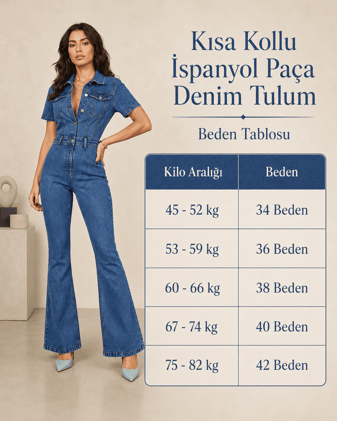 Vovikon Kısa Kollu Taş Yıkama İspanyol Paça Denim Tulum