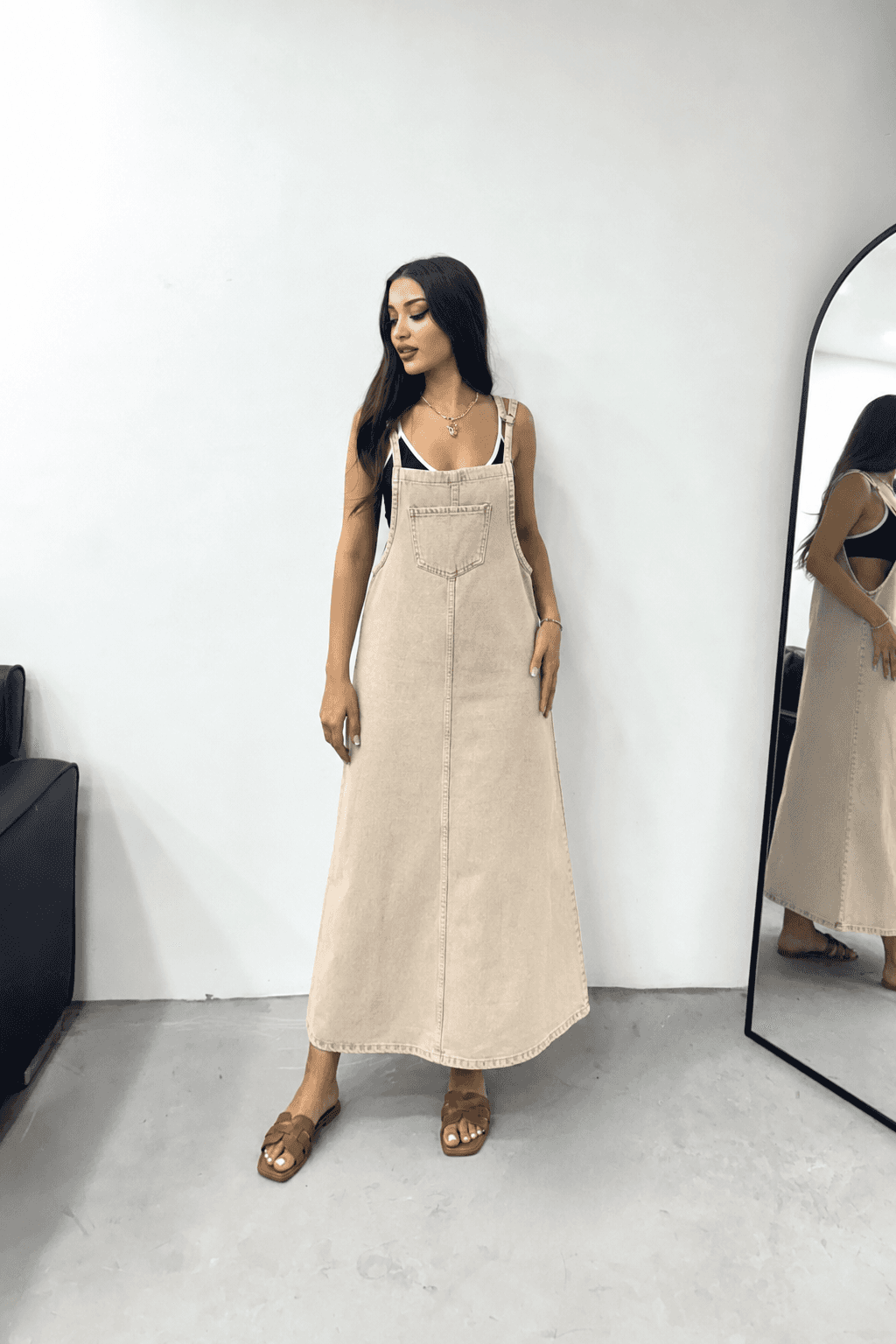 Vovikon KN Uzun Bahçevan Ön Cepli Askılı Bej Denim Elbise