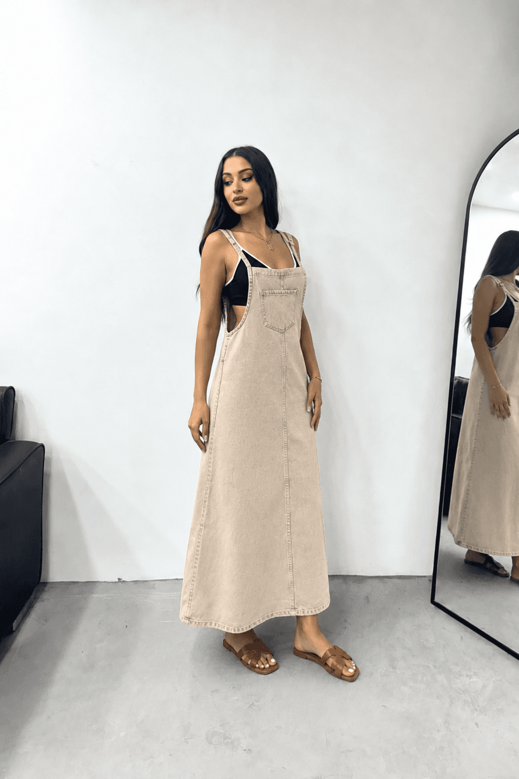 Vovikon KN Uzun Bahçevan Ön Cepli Askılı Bej Denim Elbise