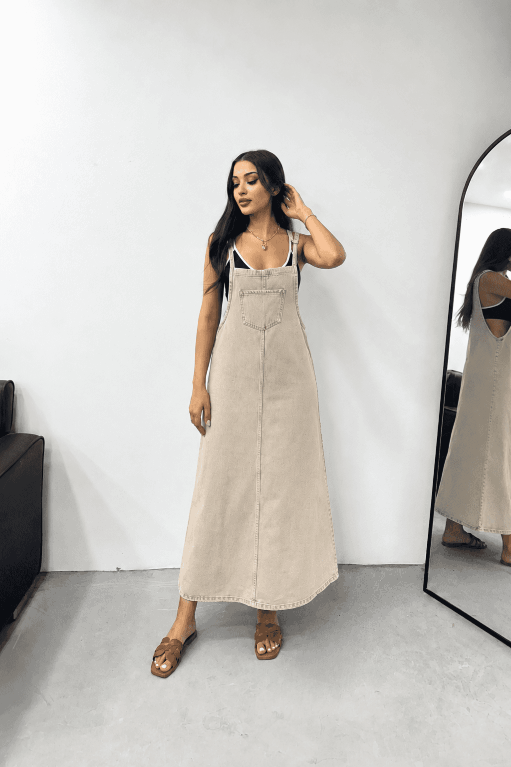 Vovikon KN Uzun Bahçevan Ön Cepli Askılı Bej Denim Elbise