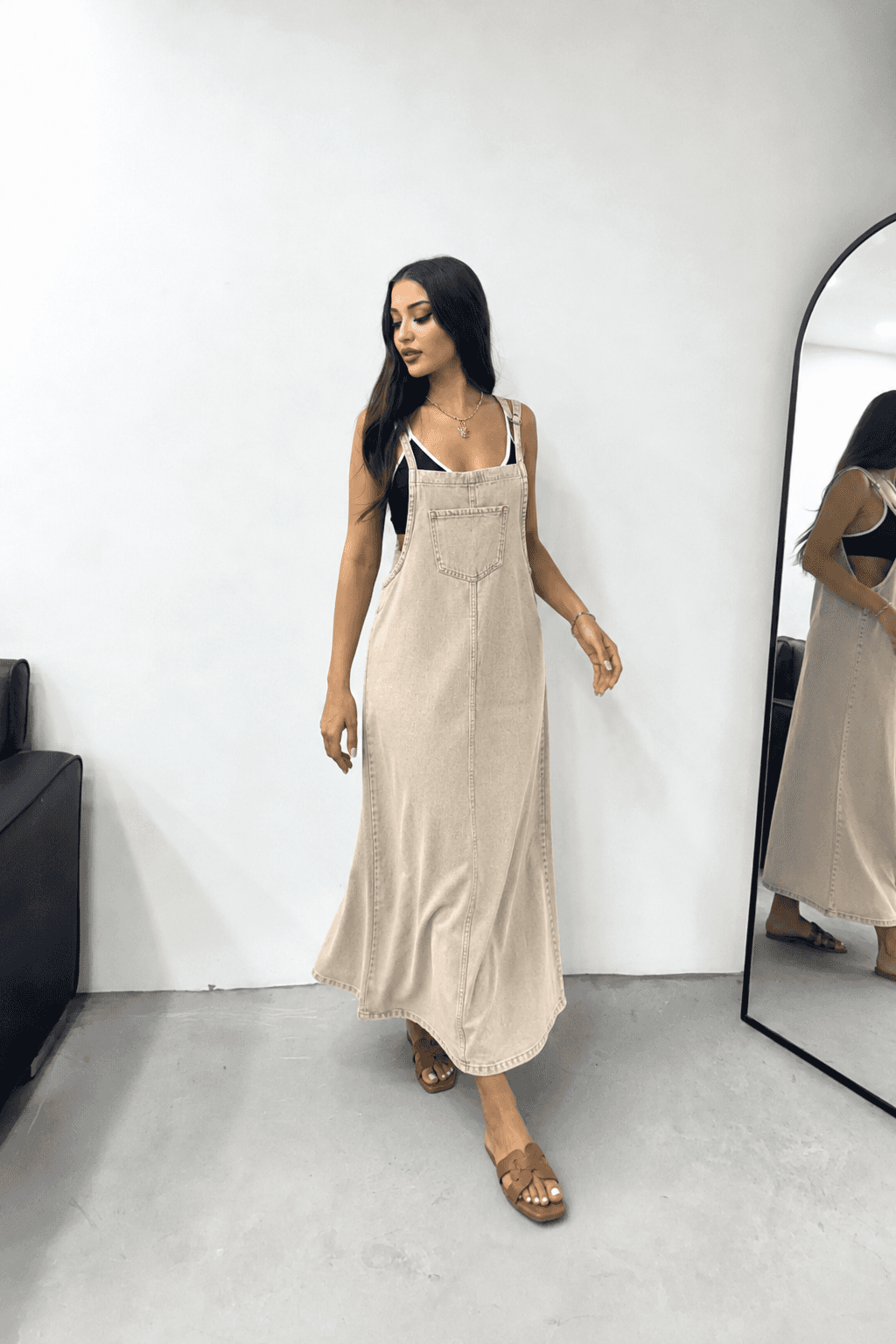 Vovikon KN Uzun Bahçevan Ön Cepli Askılı Bej Denim Elbise