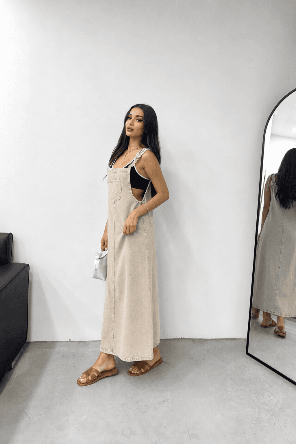 Vovikon KN Uzun Bahçevan Ön Cepli Askılı Bej Denim Elbise