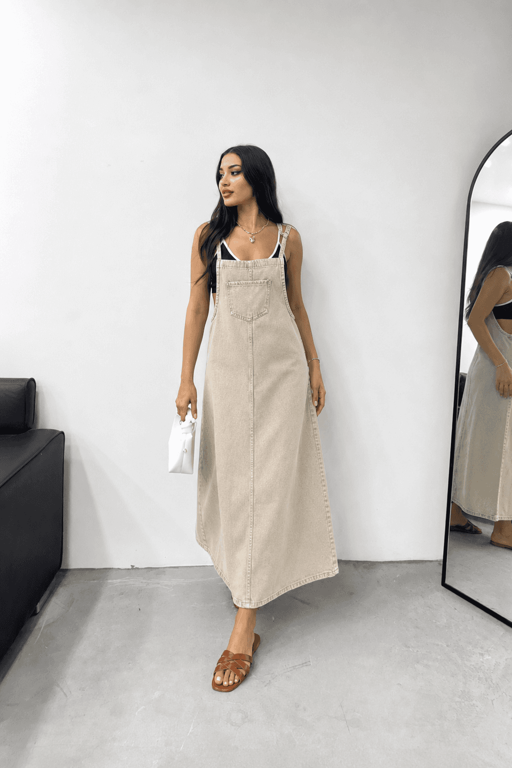 Vovikon KN Uzun Bahçevan Ön Cepli Askılı Bej Denim Elbise