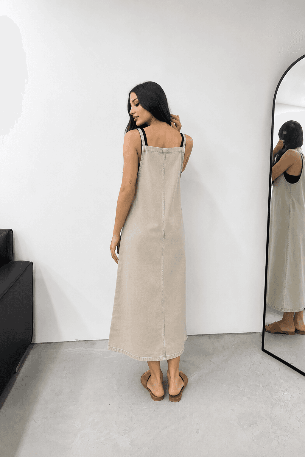 Vovikon KN Uzun Bahçevan Ön Cepli Askılı Bej Denim Elbise