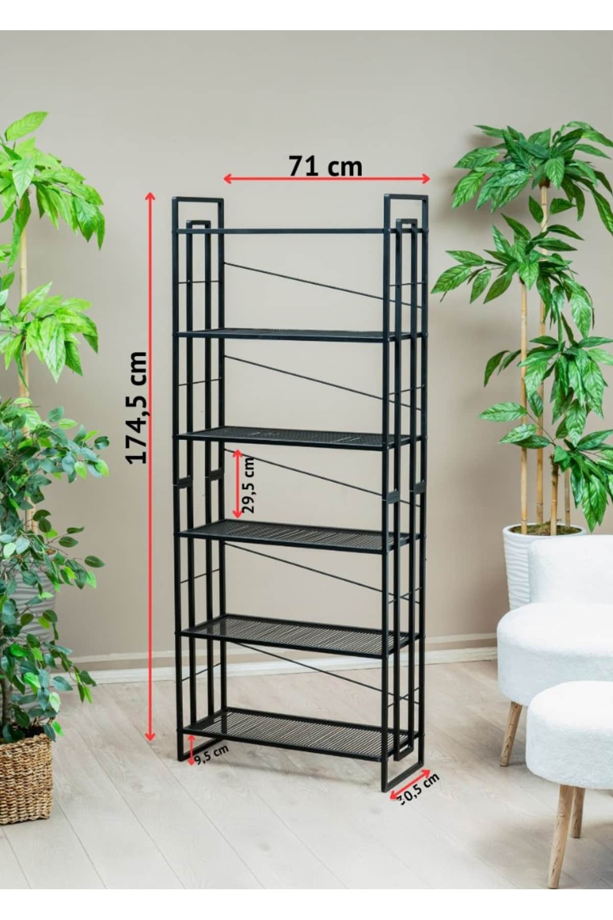 Modern Siyah Metal 6 Raflı Kitaplık ve Çok Amaçlı Düzenleyici