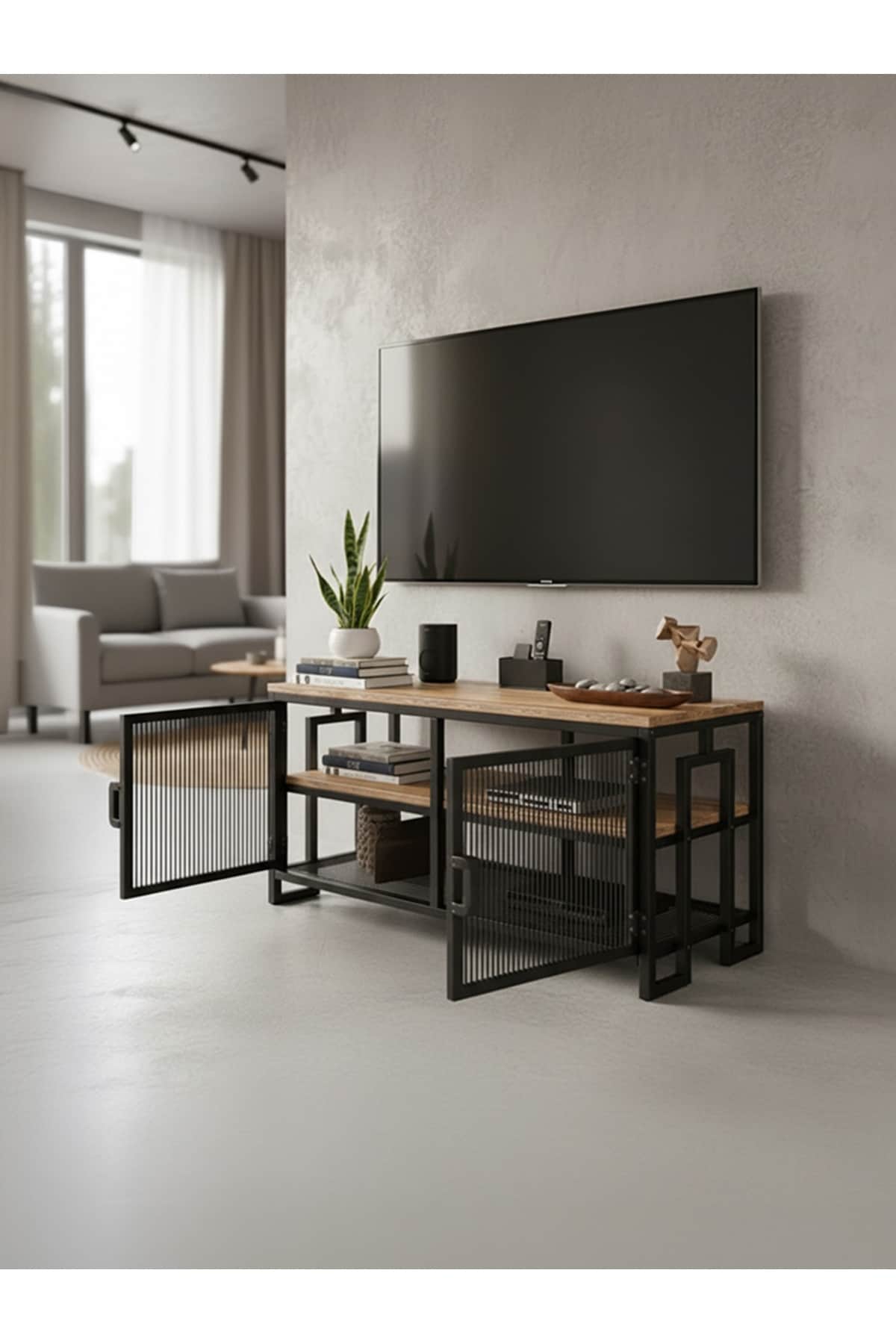90 cm Metal Gövdeli Ahşap Tablalı Kapaklı ve Raflı TV Sehpası