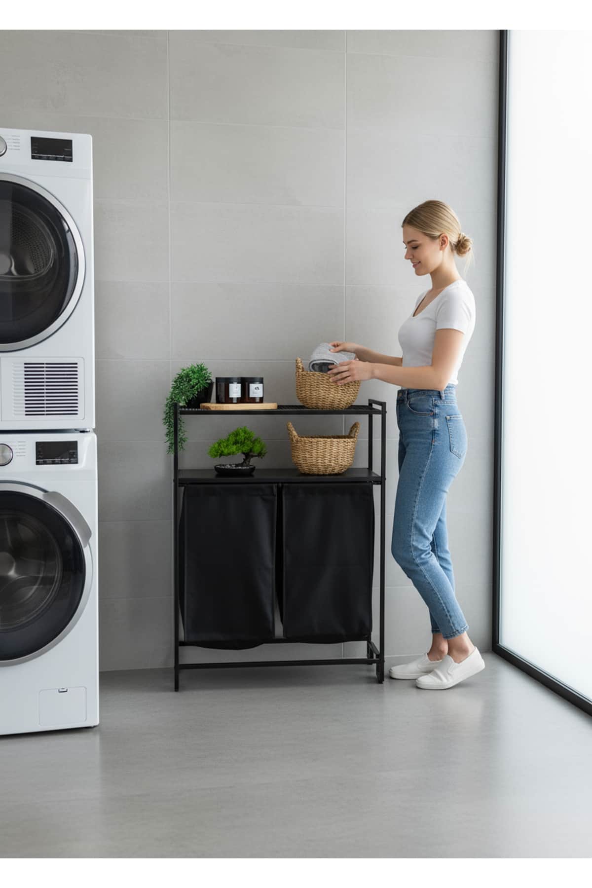 2 Raflı 2 Bölmeli Kirli Sepetli Metal Banyo Düzenleyici Dolap