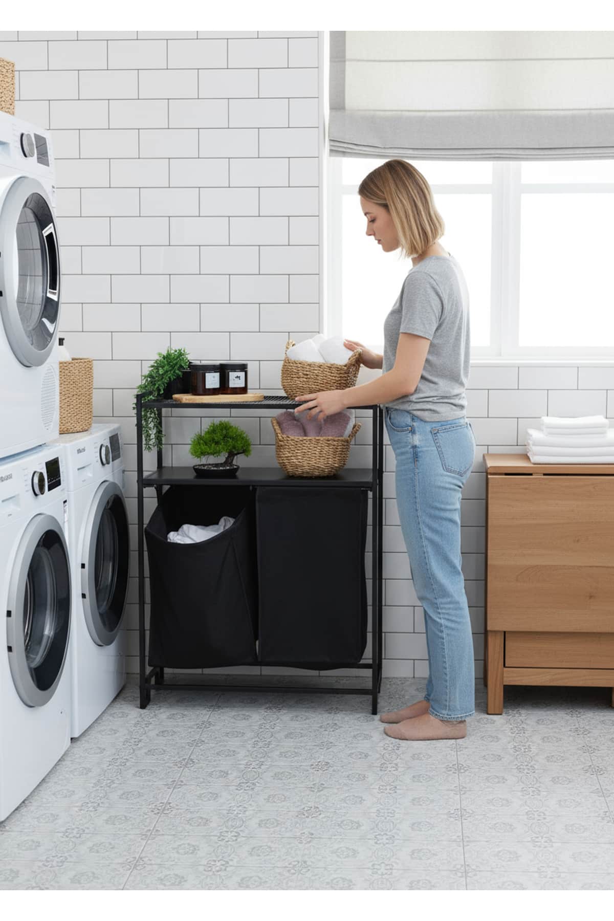 2 Raflı 2 Bölmeli Kirli Sepetli Metal Banyo Düzenleyici Dolap