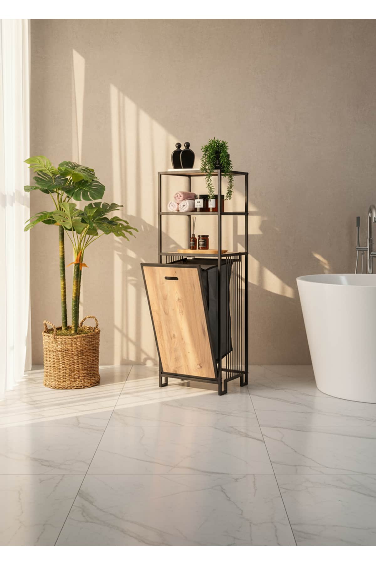 3 Raflı Metal Kirli Sepetli Çok Amaçlı Banyo Düzenleyici Dolap