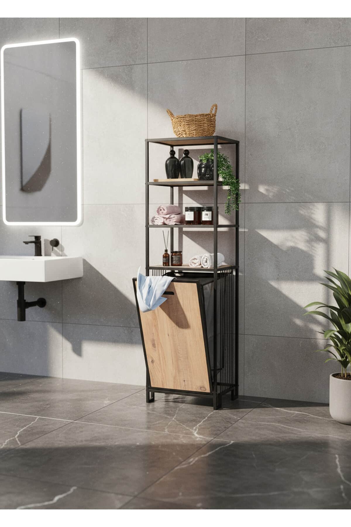 4 Raflı Metal Kirli Sepetli Çok Amaçlı Banyo Düzenleyici Dolap
