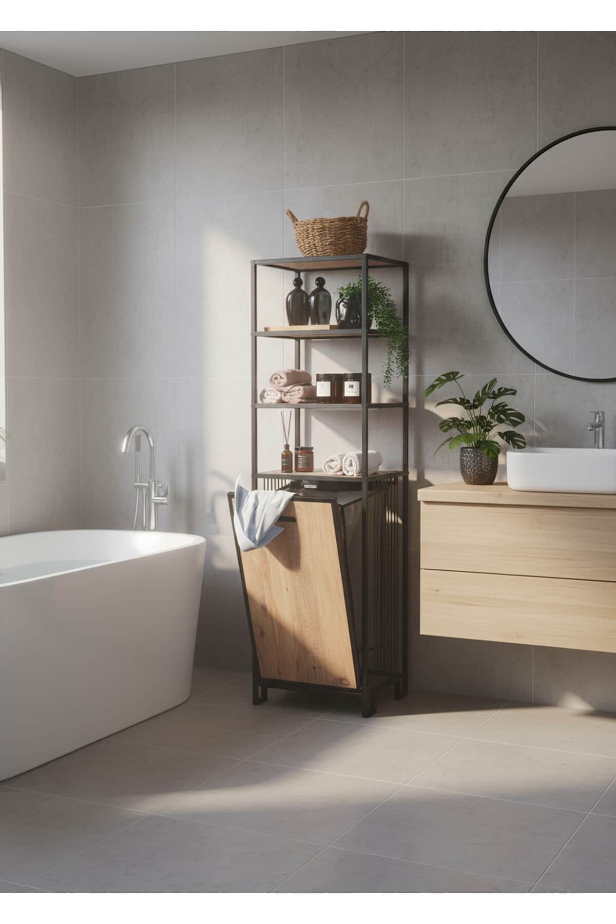 4 Raflı Metal Kirli Sepetli Çok Amaçlı Banyo Düzenleyici Dolap