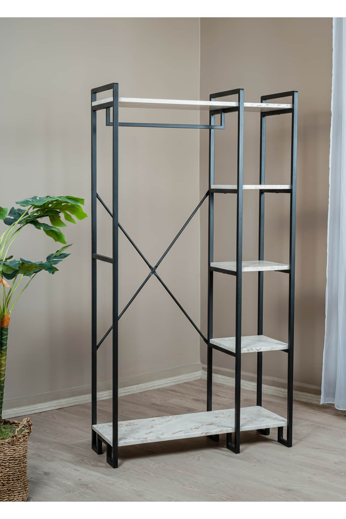 Metal Gövdeli Traverten Raflı Açık Gardırop ve Portmanto 90 cm