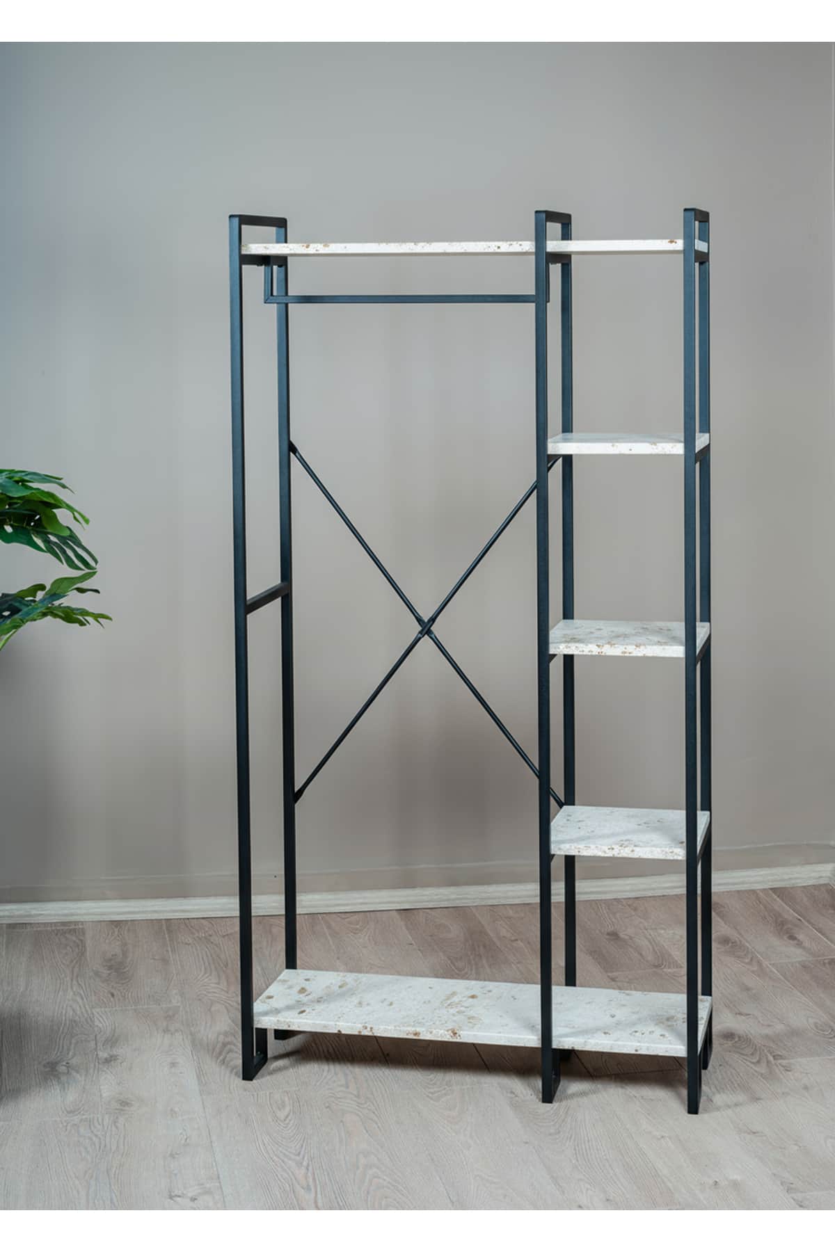 Metal Gövdeli Traverten Raflı Açık Gardırop ve Portmanto 90 cm