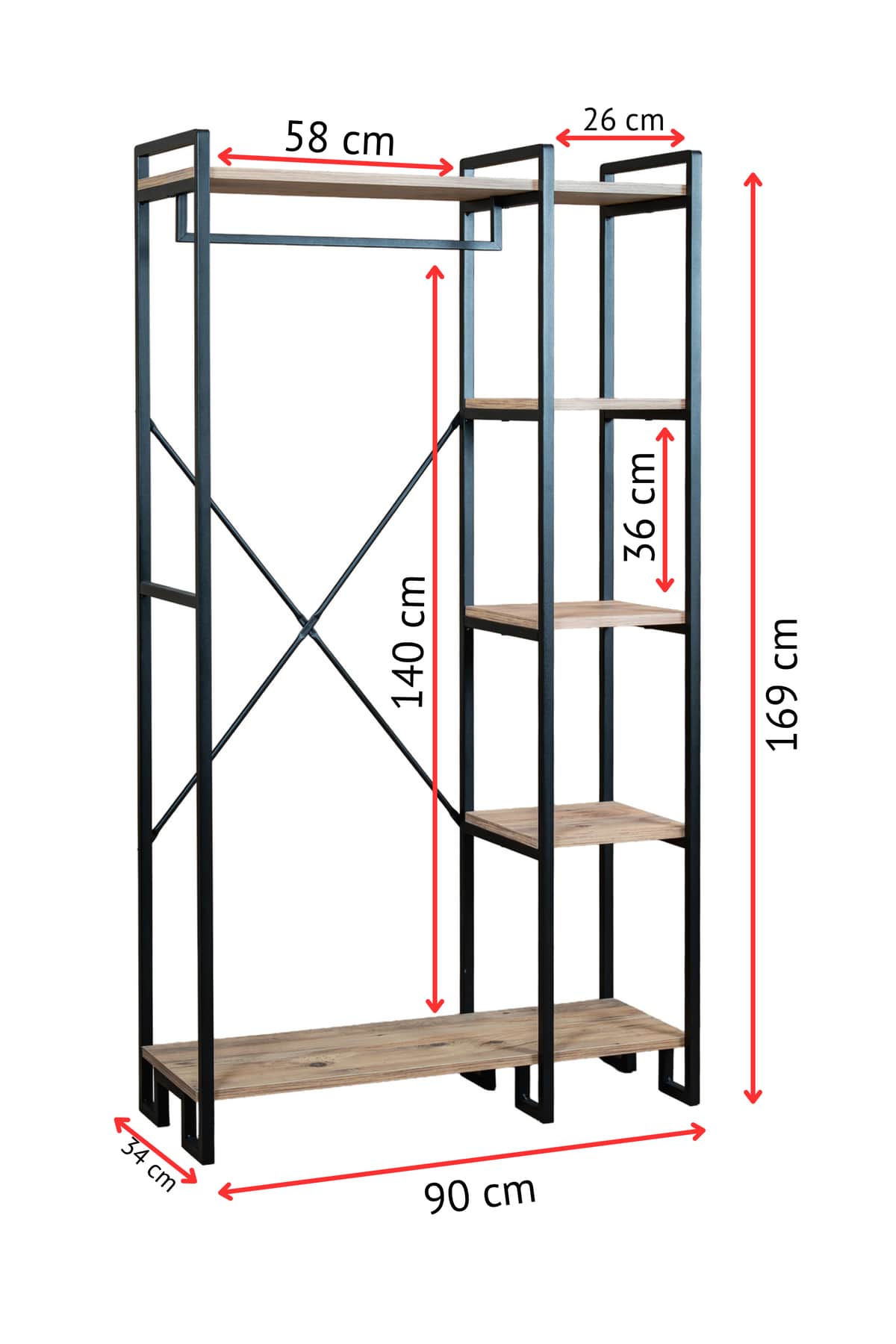 Metal Gövdeli Traverten Raflı Açık Gardırop ve Portmanto 90 cm