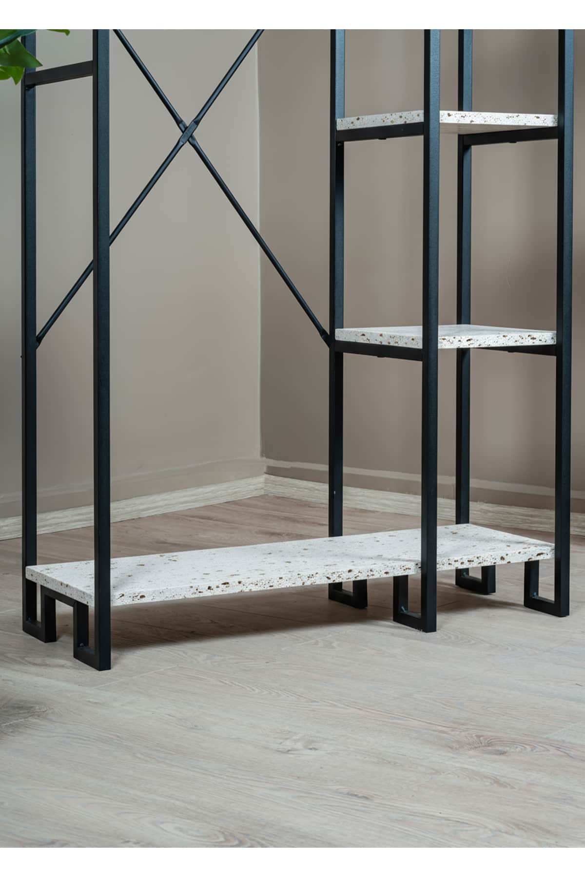 Metal Gövdeli Traverten Raflı Açık Gardırop ve Portmanto 90 cm