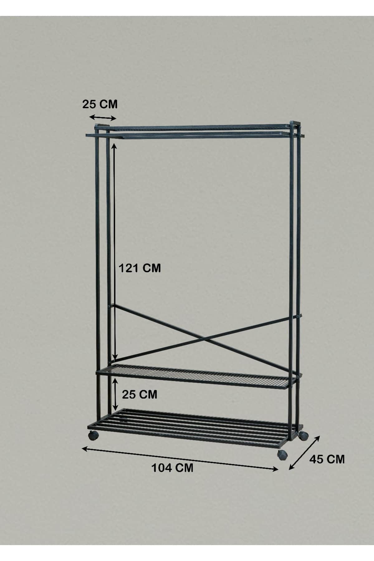 2 Yönlü 3 Raflı Tekerlekli Siyah Metal Elbise Askılığı 146 x 104 cm