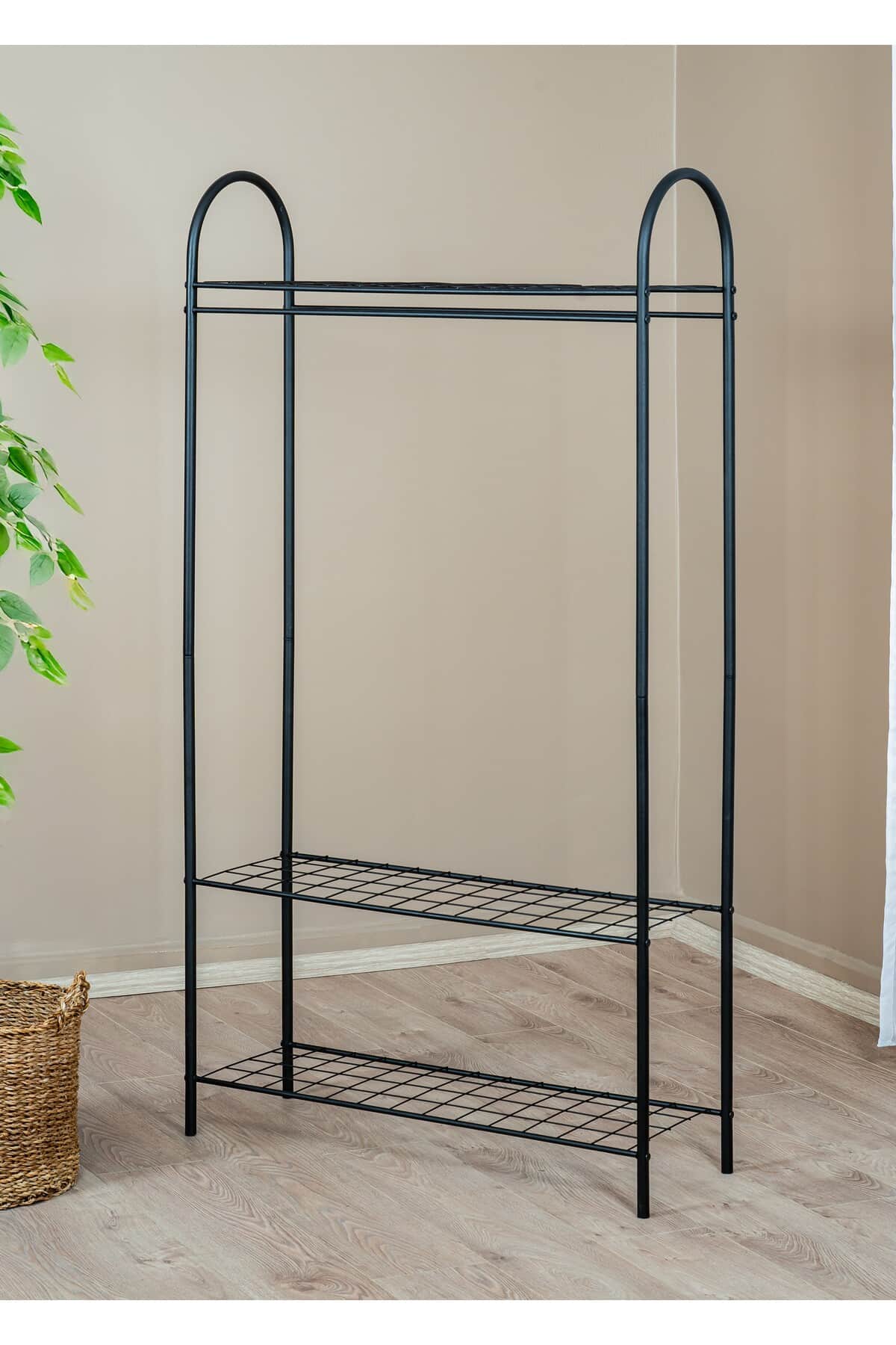 Elit 3 Siyah Metal Raflı Ayaklı Elbise Askılığı 170 x 89 cm